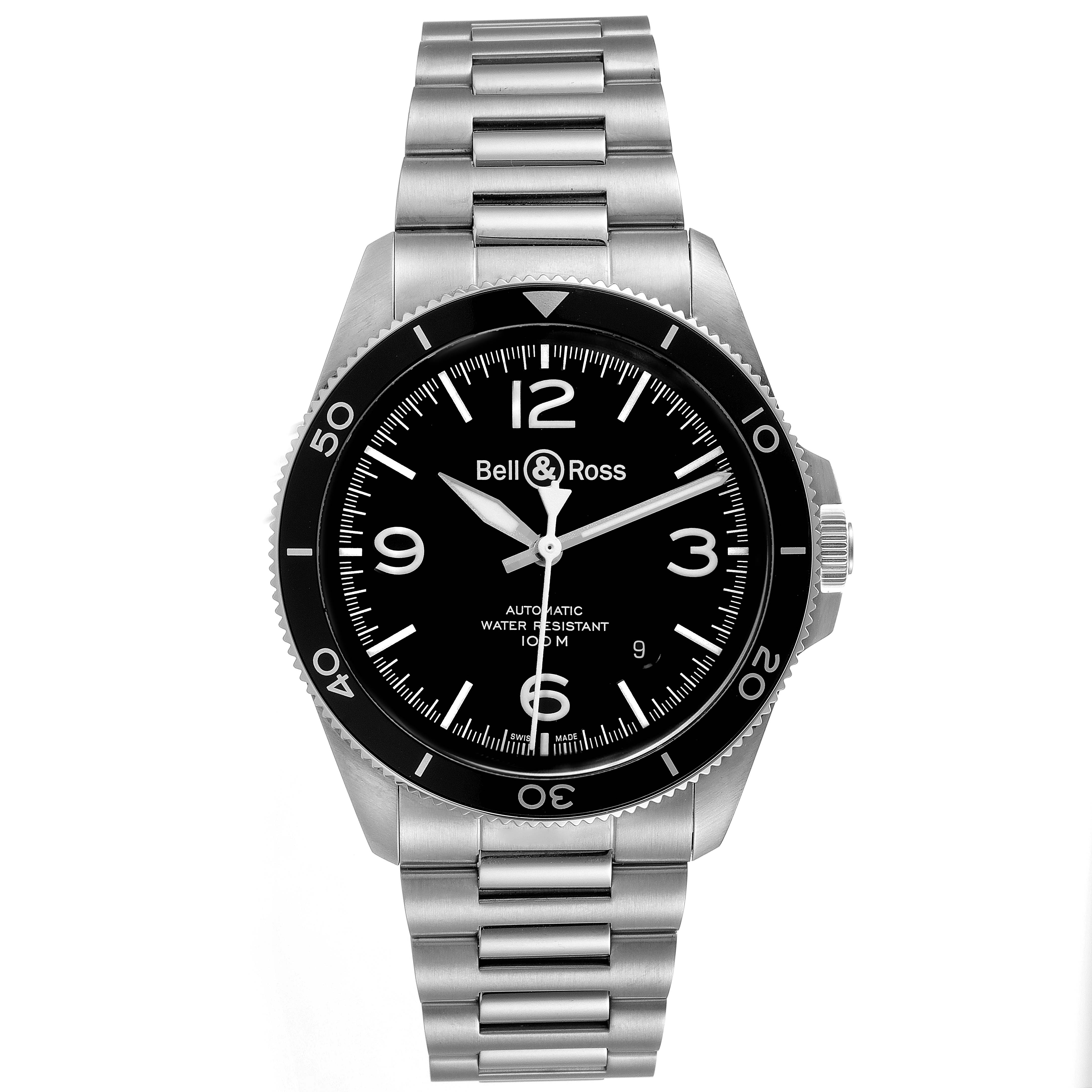 This Bell & Ross Heritage BRV292-BL-ST/SST Men's Stainless Steel Black Dial BRV292-BL-ST/SST Men's Stainless Steel Black Dial model watch is shown from a top-down angle, displaying the dial, bezel, and metal bracelet.