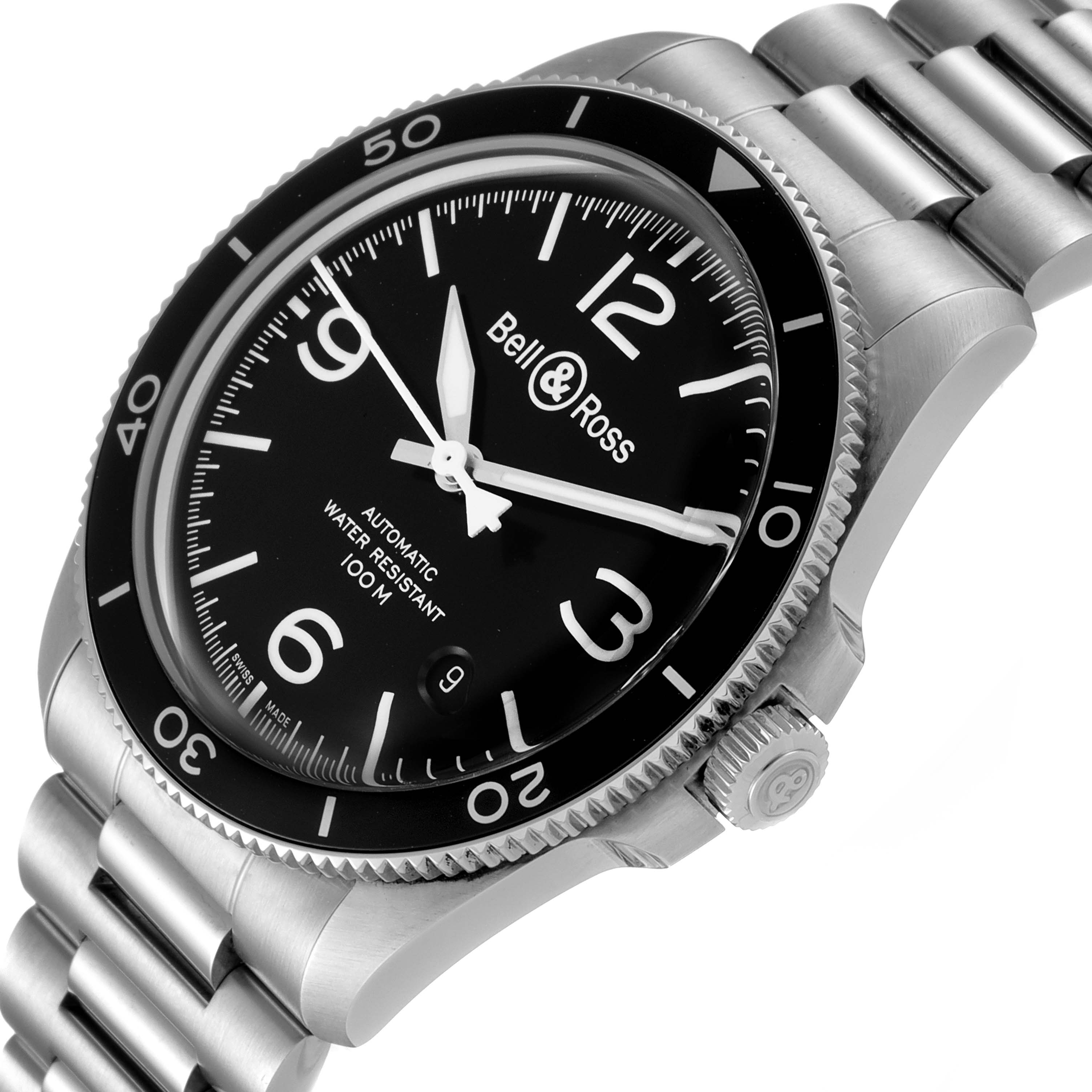 The image shows a side angle of the Bell & Ross Heritage BRV292-BL-ST/SST Men's Stainless Steel Black Dial BRV292-BL-ST/SST Men's Stainless Steel Black Dial model watch, highlighting its face, bezel, crown, and bracelet.