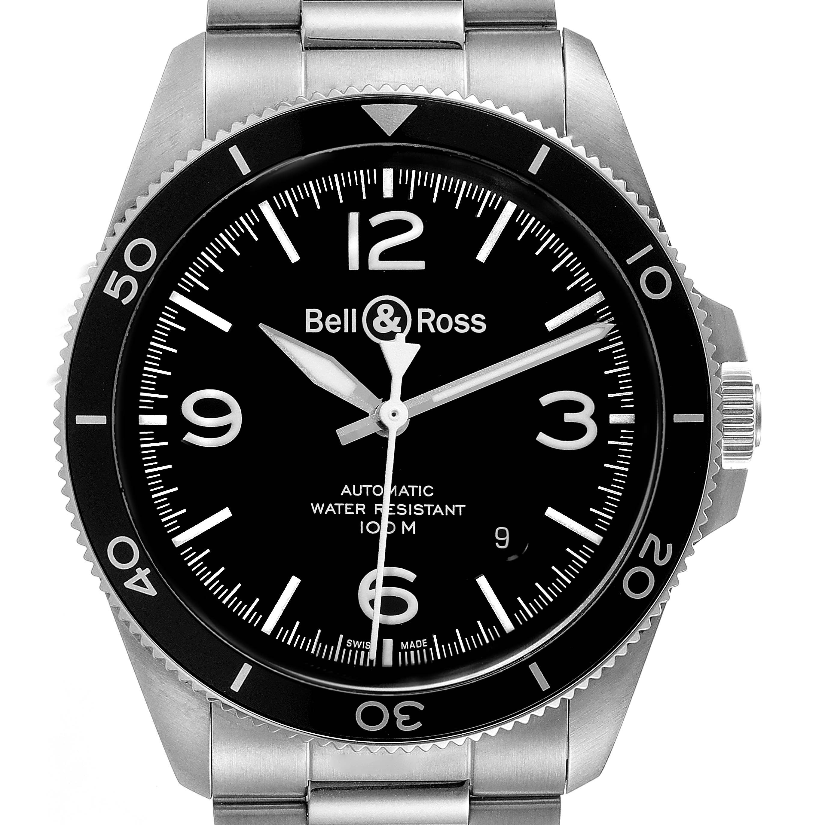 The image shows a front view of the Bell & Ross Heritage BRV292-BL-ST/SST Men's Stainless Steel Black Dial BRV292-BL-ST/SST Men's Stainless Steel Black Dial model watch, displaying its face, bezel, and part of the bracelet.