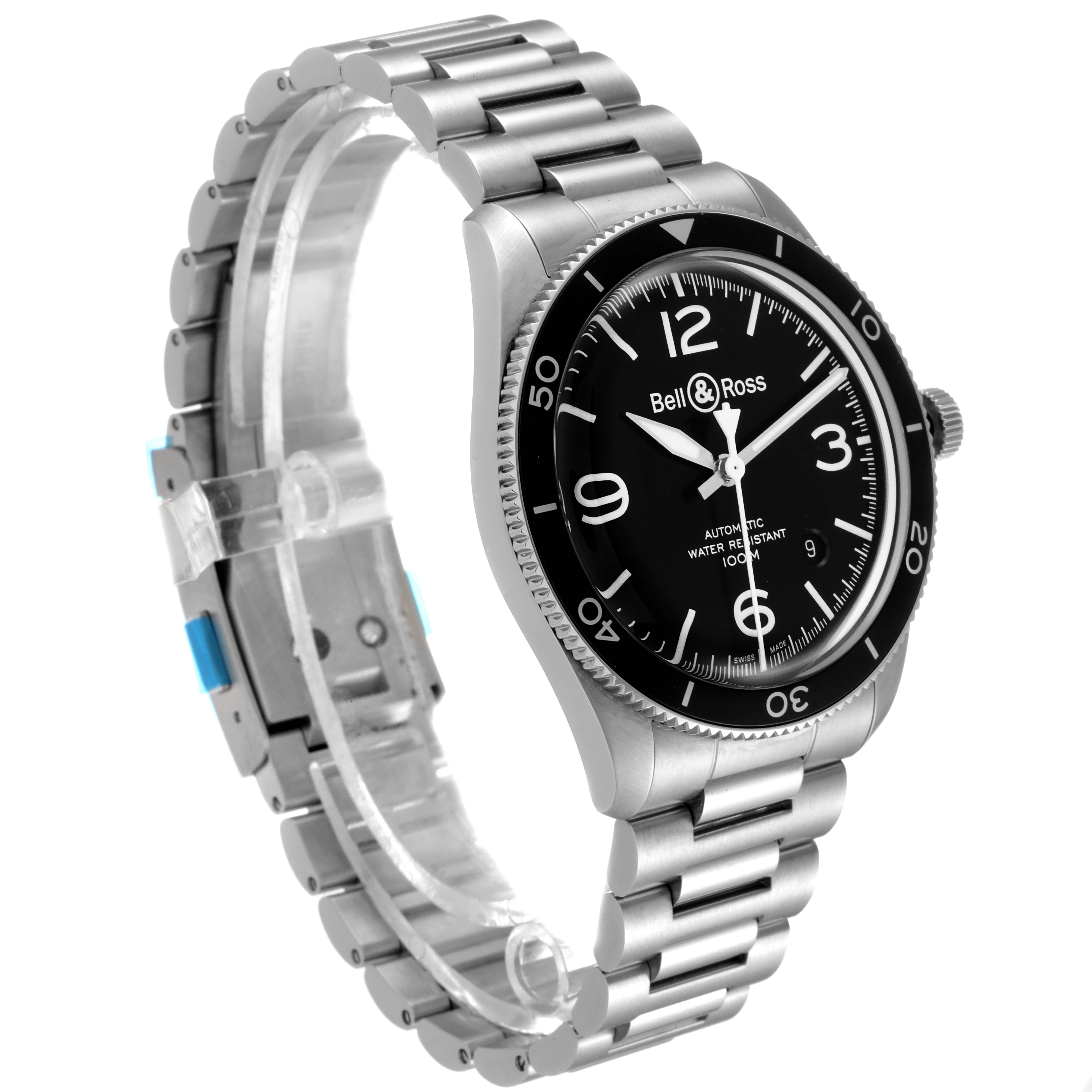 The Bell & Ross Heritage BRV292-BL-ST/SST Men's Stainless Steel Black Dial BRV292-BL-ST/SST Men's Stainless Steel Black Dial model watch is shown at an oblique angle, highlighting its dial, bezel, and stainless steel bracelet.