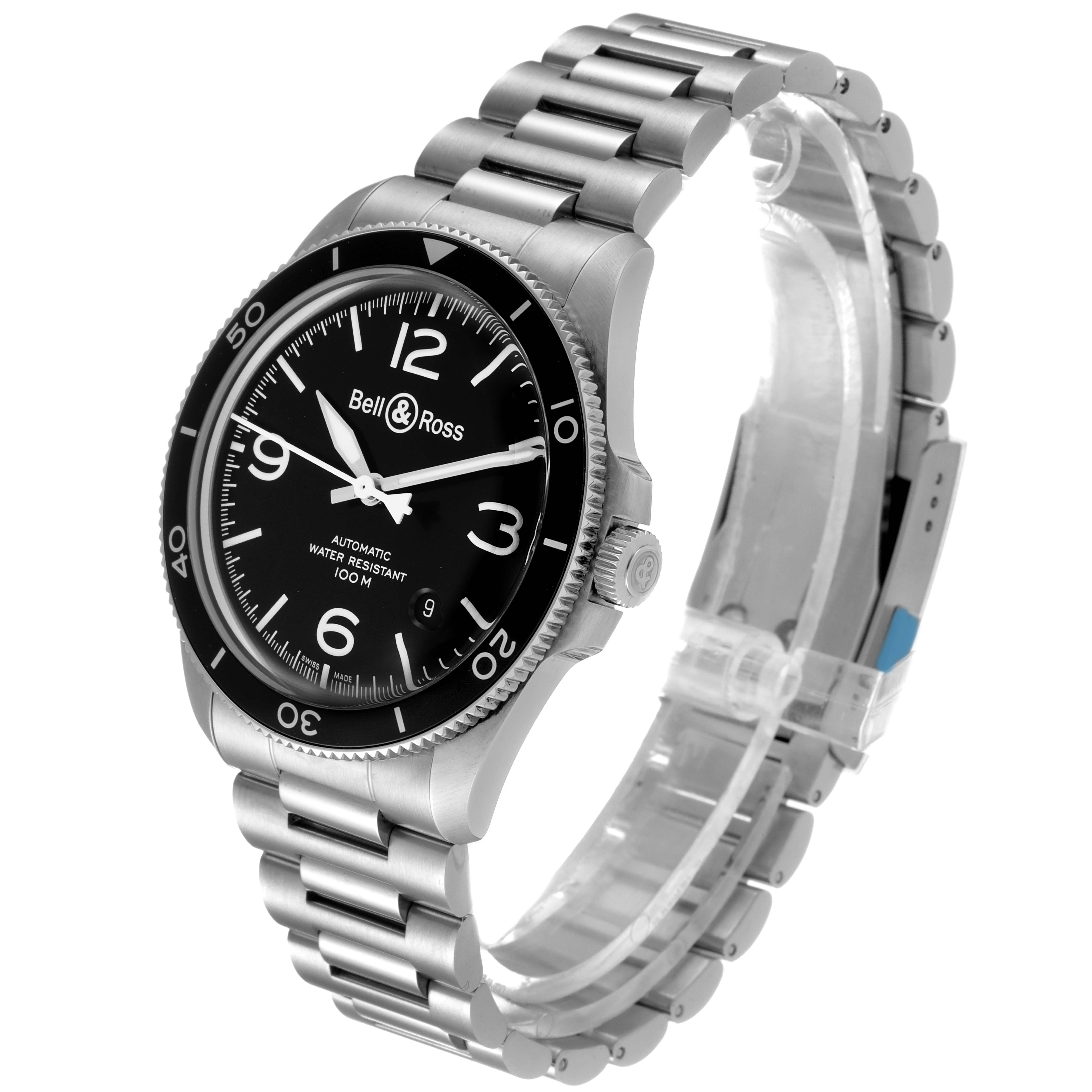 The image shows a Bell & Ross Heritage BRV292-BL-ST/SST Men's Stainless Steel Black Dial BRV292-BL-ST/SST Men's Stainless Steel Black Dial model watch at an angled side view, highlighting the face, bezel, and metal strap.