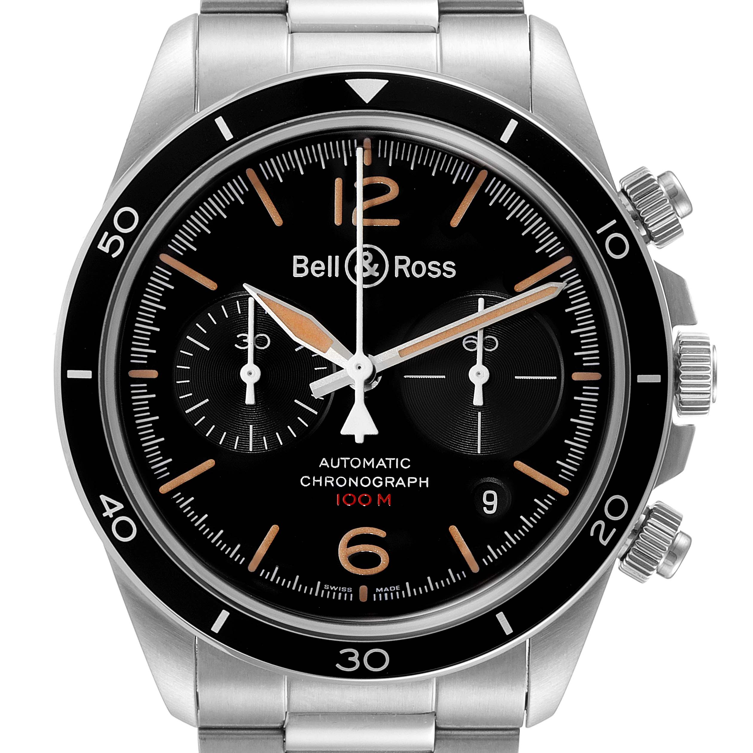 The Bell & Ross Heritage BRV294-HER-ST/SST Men's Stainless Steel Black Dial BRV294-HER-ST/SST Men's Stainless Steel Black Dial model watch is shown from the front, displaying its dial, hands, subdials, and part of the bracelet.