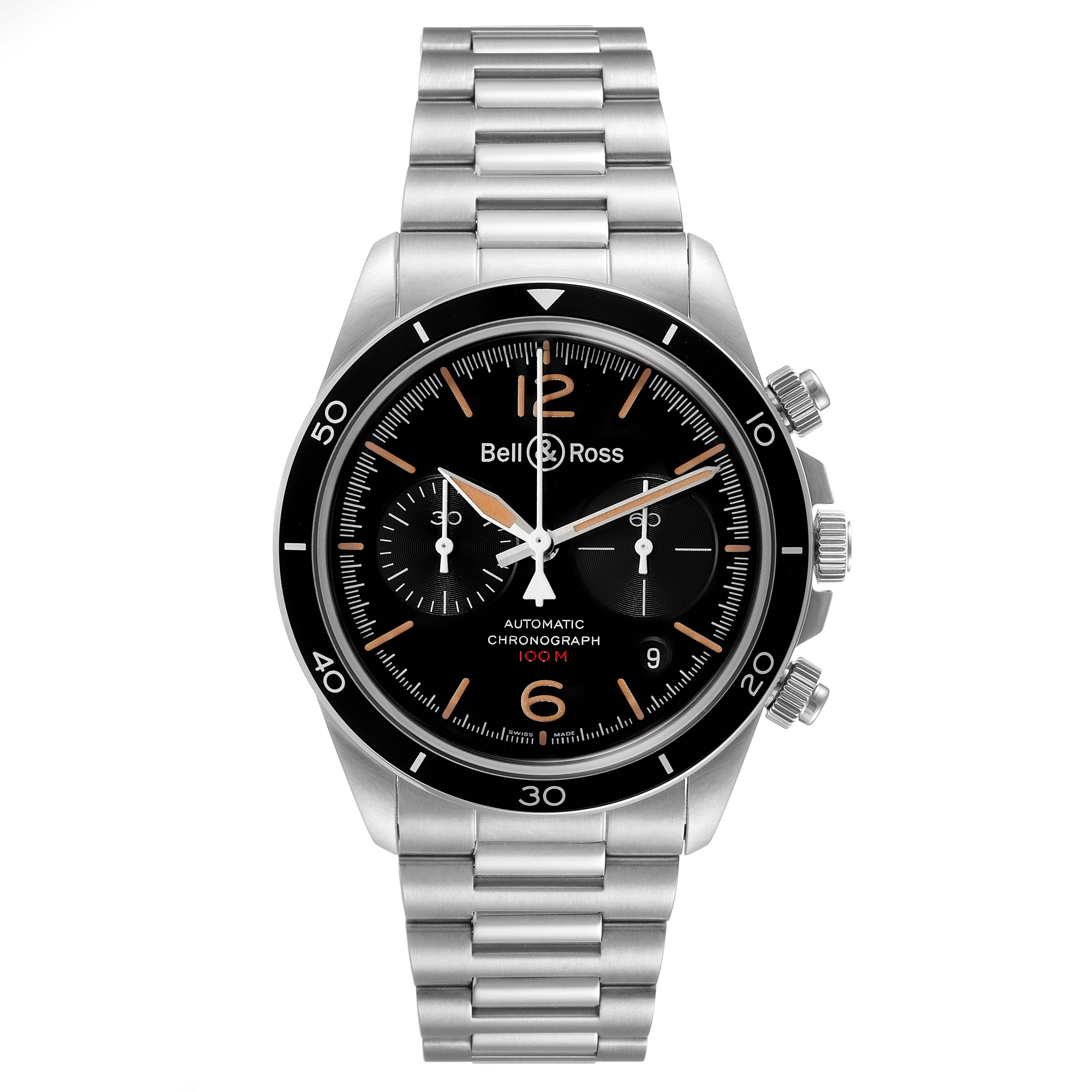 The image shows a front view of a Bell & Ross Chronograph watch displaying its face, bezel, and metal bracelet.