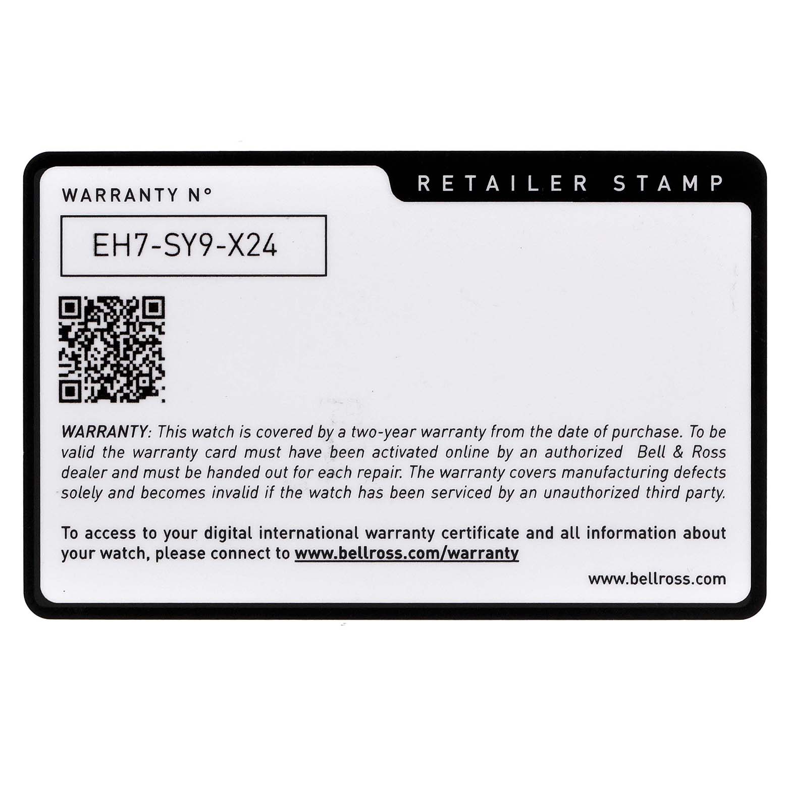 This is a warranty card for the Bell & Ross Chronograph model watch, showing the warranty number and QR code.