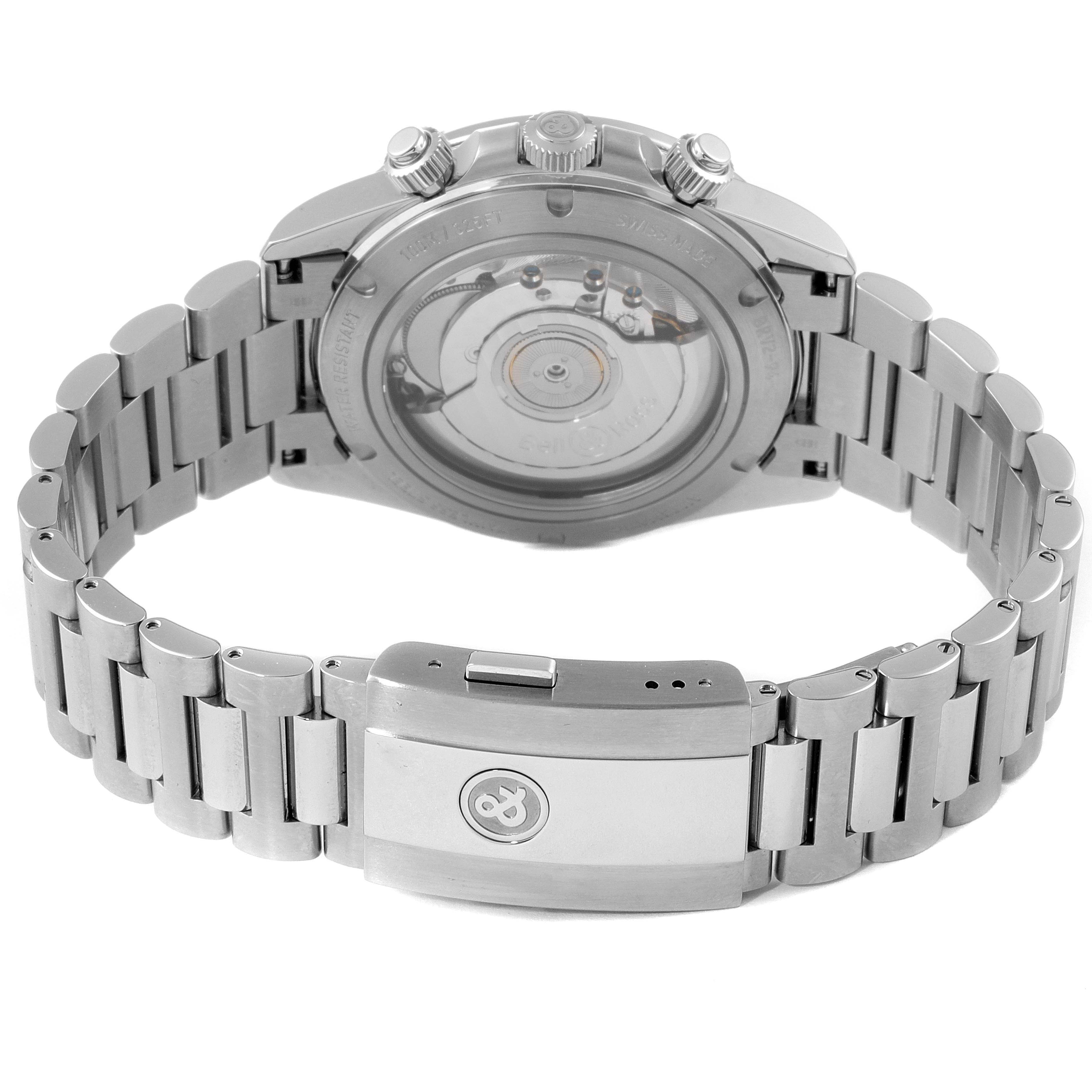 The image shows the back view of the Bell & Ross Chronograph watch displaying its stainless steel bracelet and clasp.