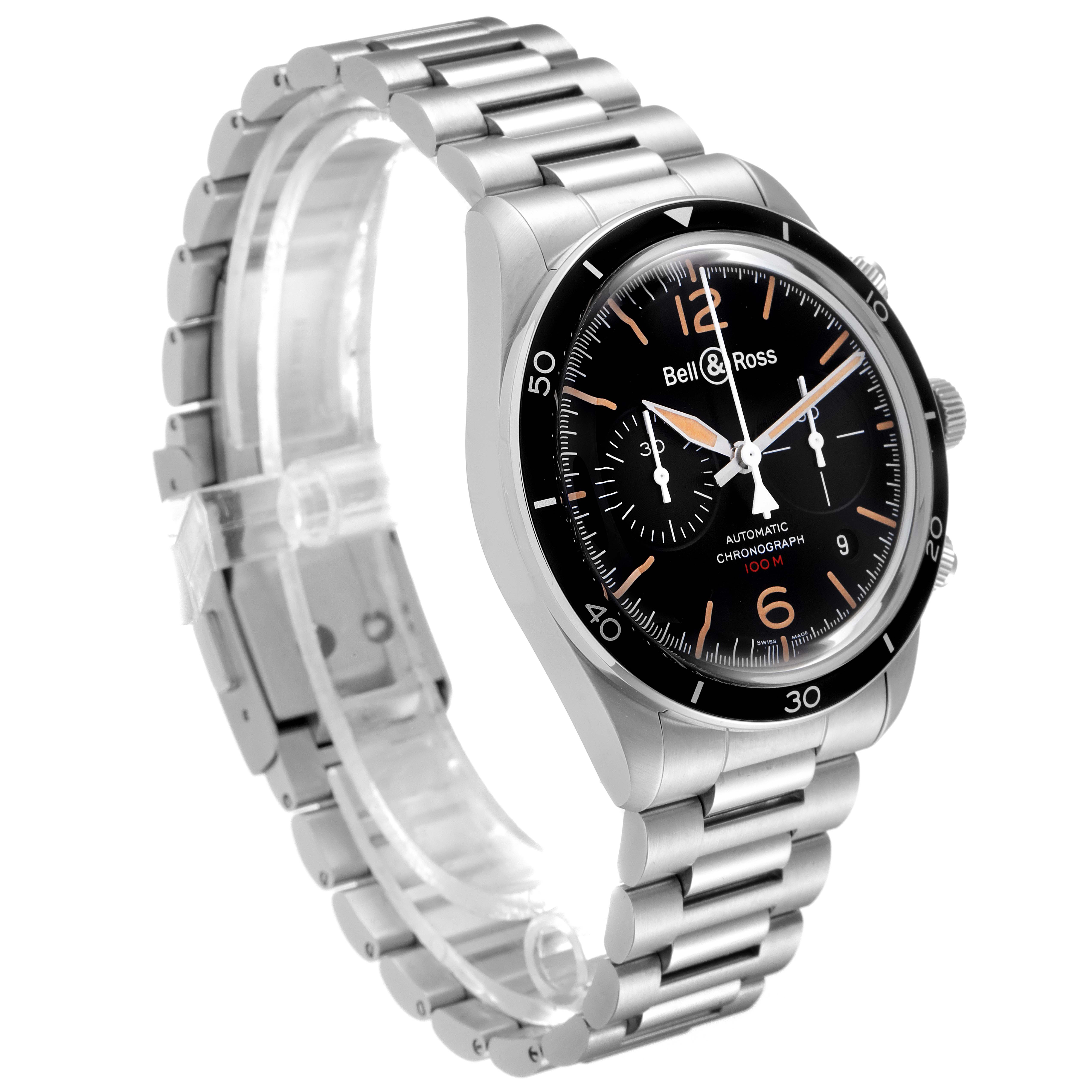 The Bell & Ross Chronograph watch is shown at an angled side view, displaying its black dial, silver bezel, and metal bracelet.