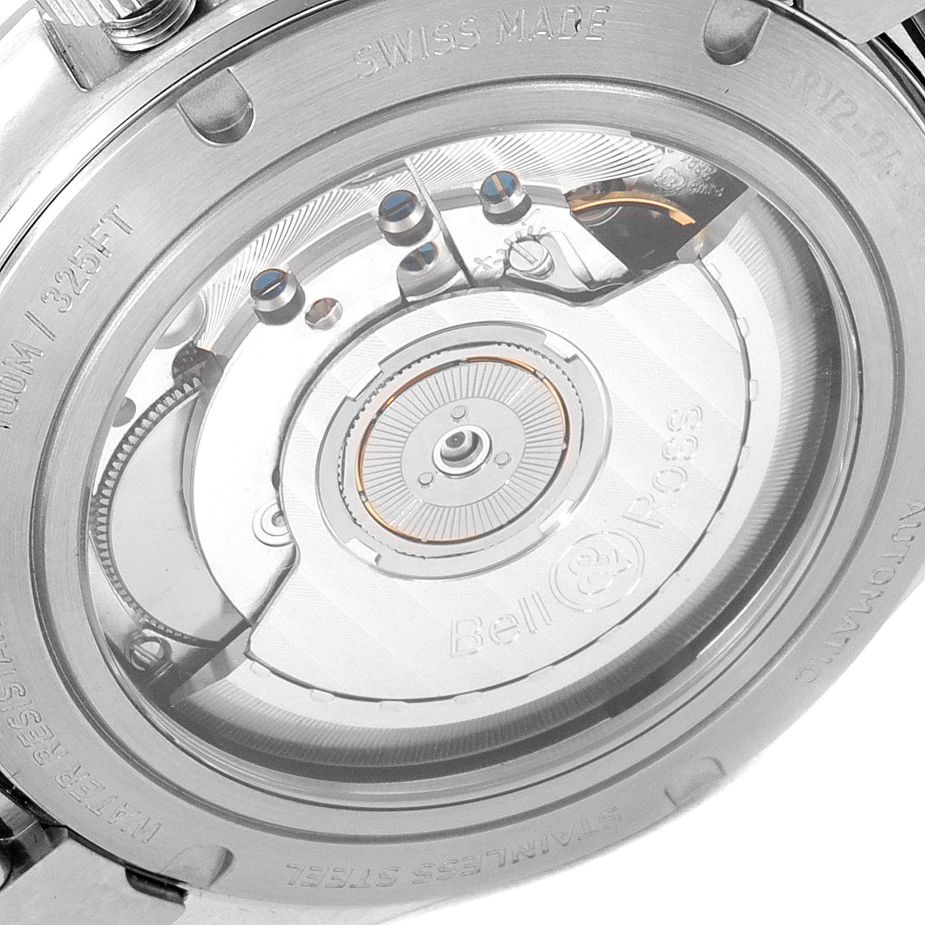This image shows the back case of a Bell & Ross Chronograph watch, revealing its automatic movement mechanism.