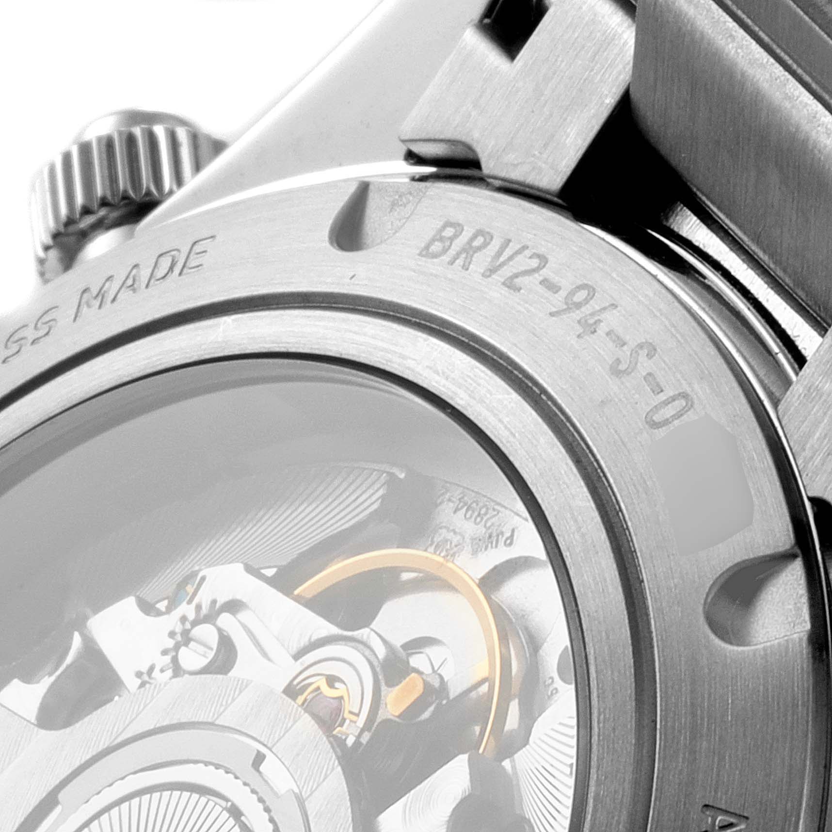This image shows the back and internal mechanism of the Bell & Ross Chronograph model BRV2-94S-O.