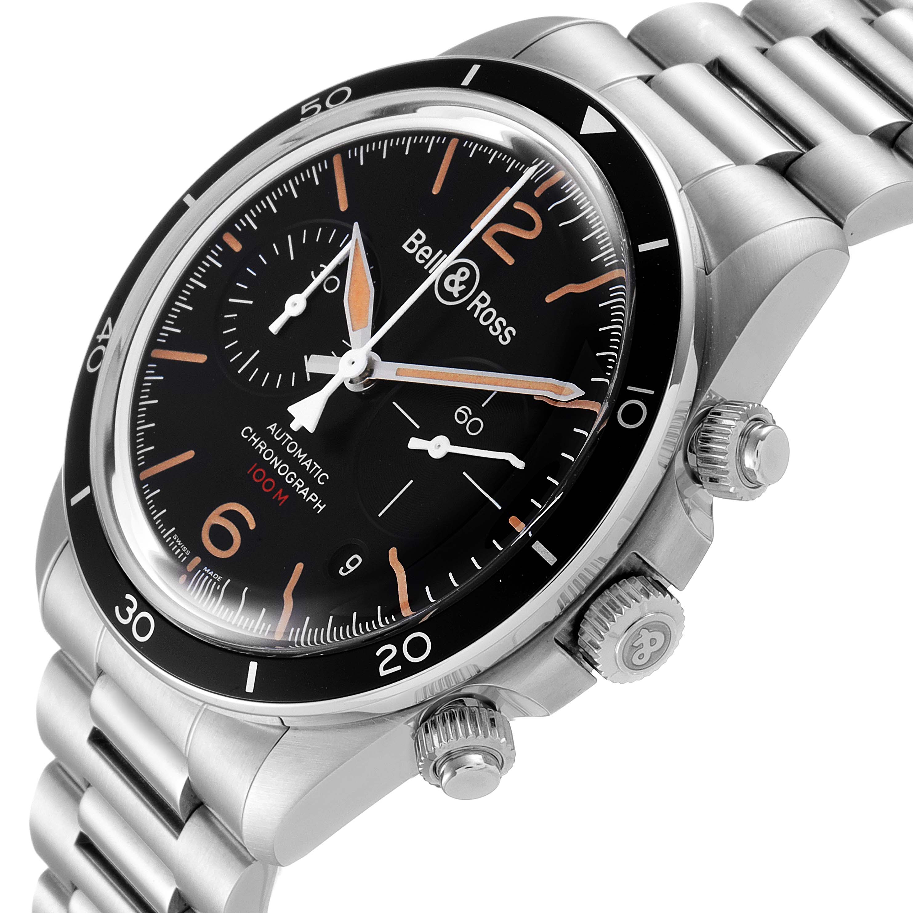 The image shows a close-up angle of the Bell & Ross Chronograph watch, highlighting the dial, case, and bracelet.