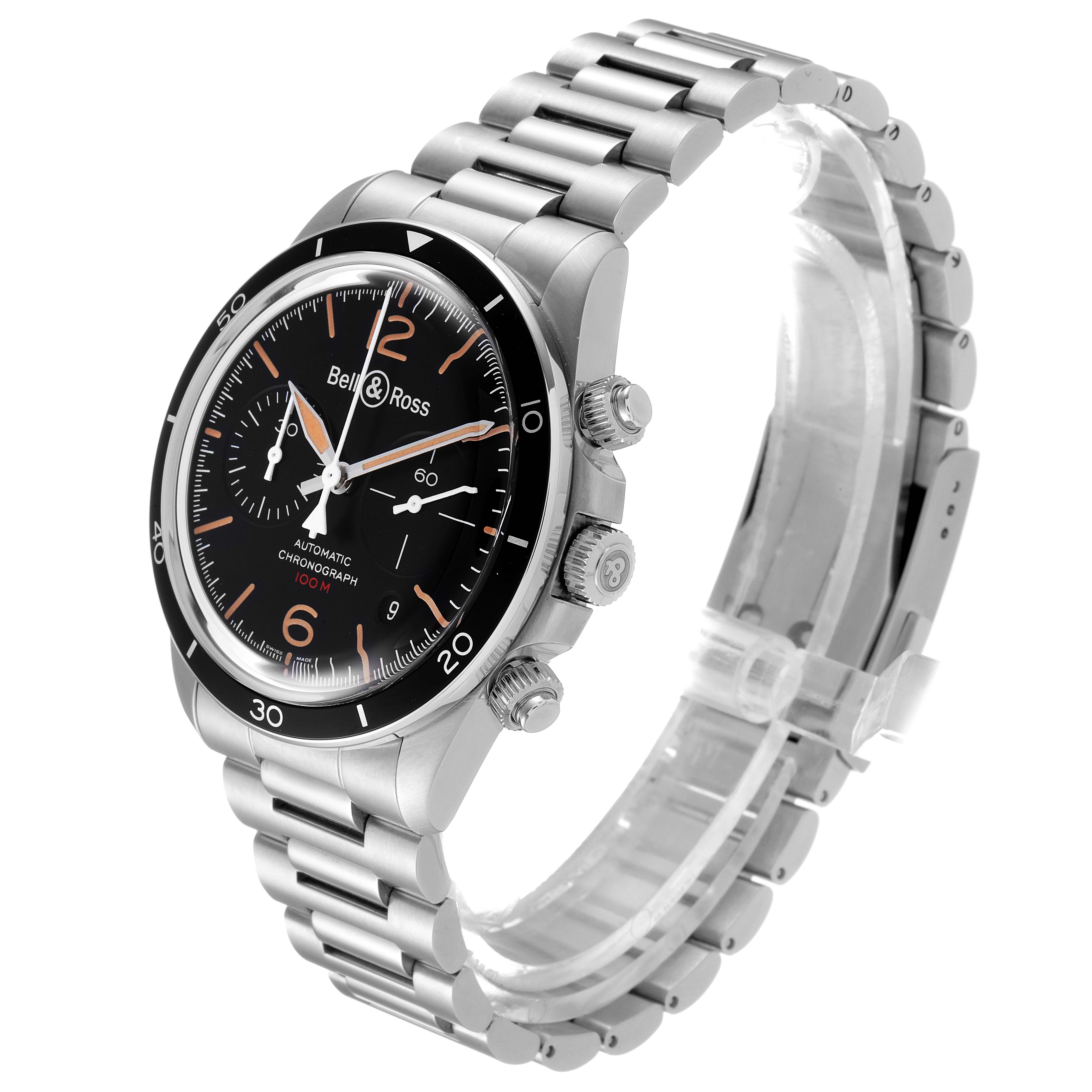 The Bell & Ross Chronograph watch is shown from an angled side view, showcasing its face, bezel, case, pushers, and metal bracelet.