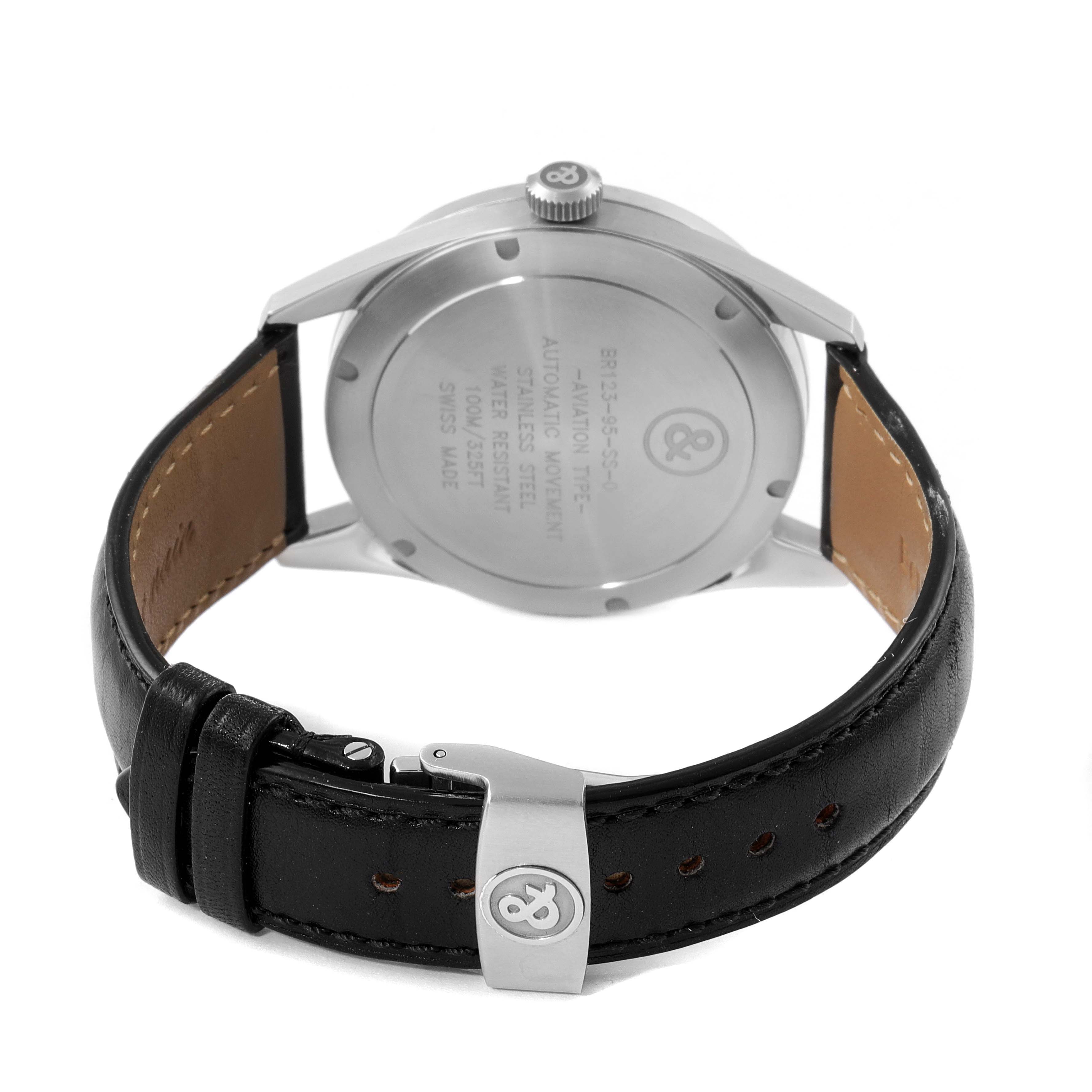 This Bell & Ross Vintage model is shown from the back, highlighting the case back and the leather strap with a branded clasp.