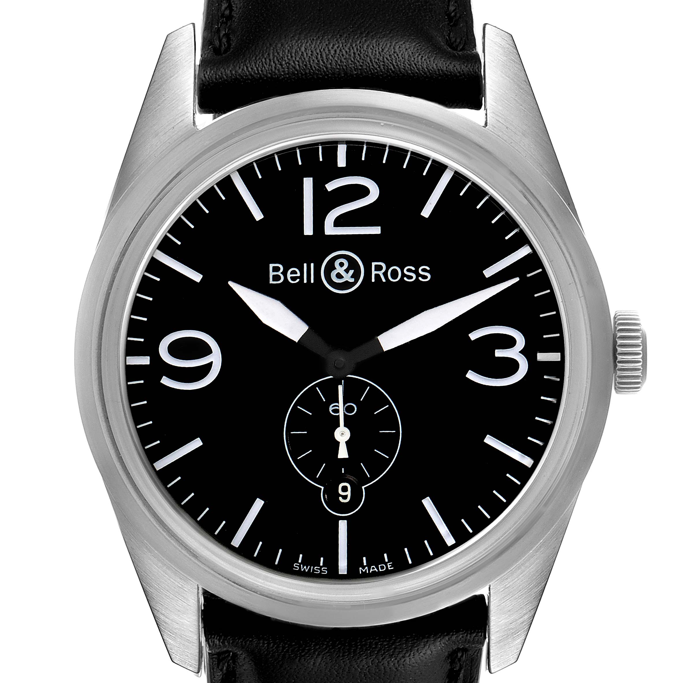 This image shows a front view of the Bell & Ross Heritage BR123-95-SS Men's Stainless Steel Black Dial BR123-95-SS Men's Stainless Steel Black Dial model watch, highlighting its face, dial, and leather strap.
