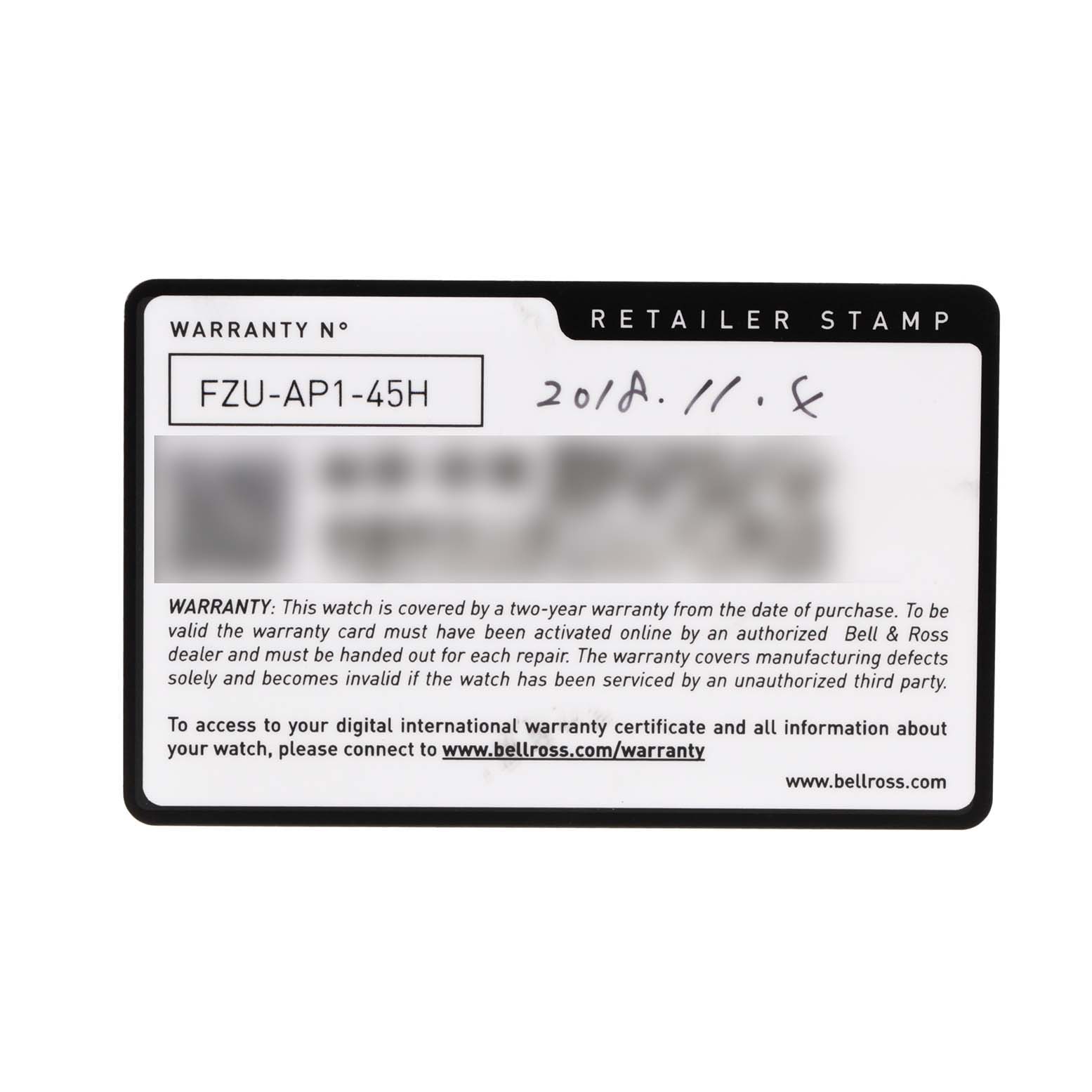 The image shows the warranty card for the Bell & Ross Vintage watch model, featuring the warranty number and retailer stamp.