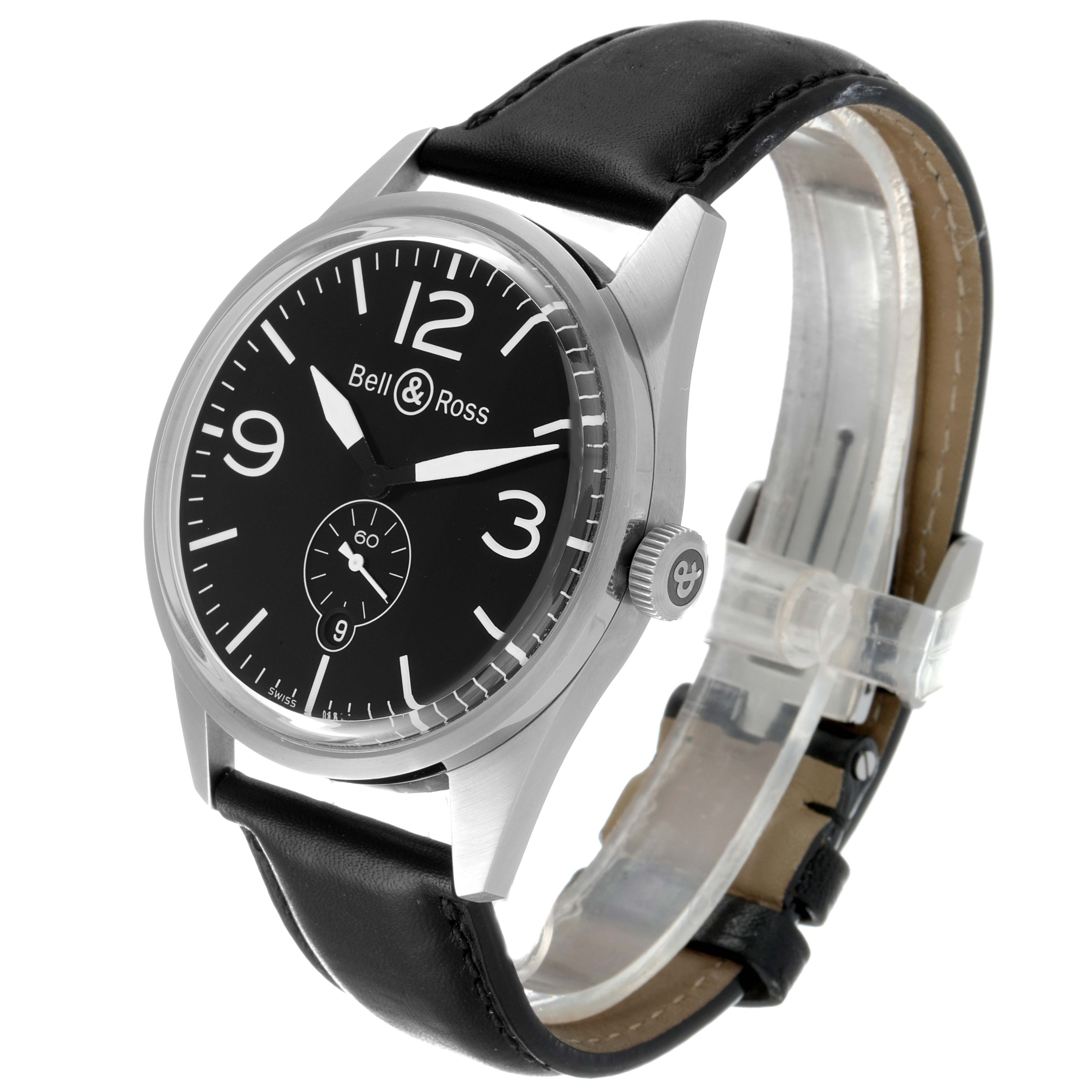 The image shows a Bell & Ross Vintage model watch from a front-left angle, highlighting the dial, bezel, and leather strap.