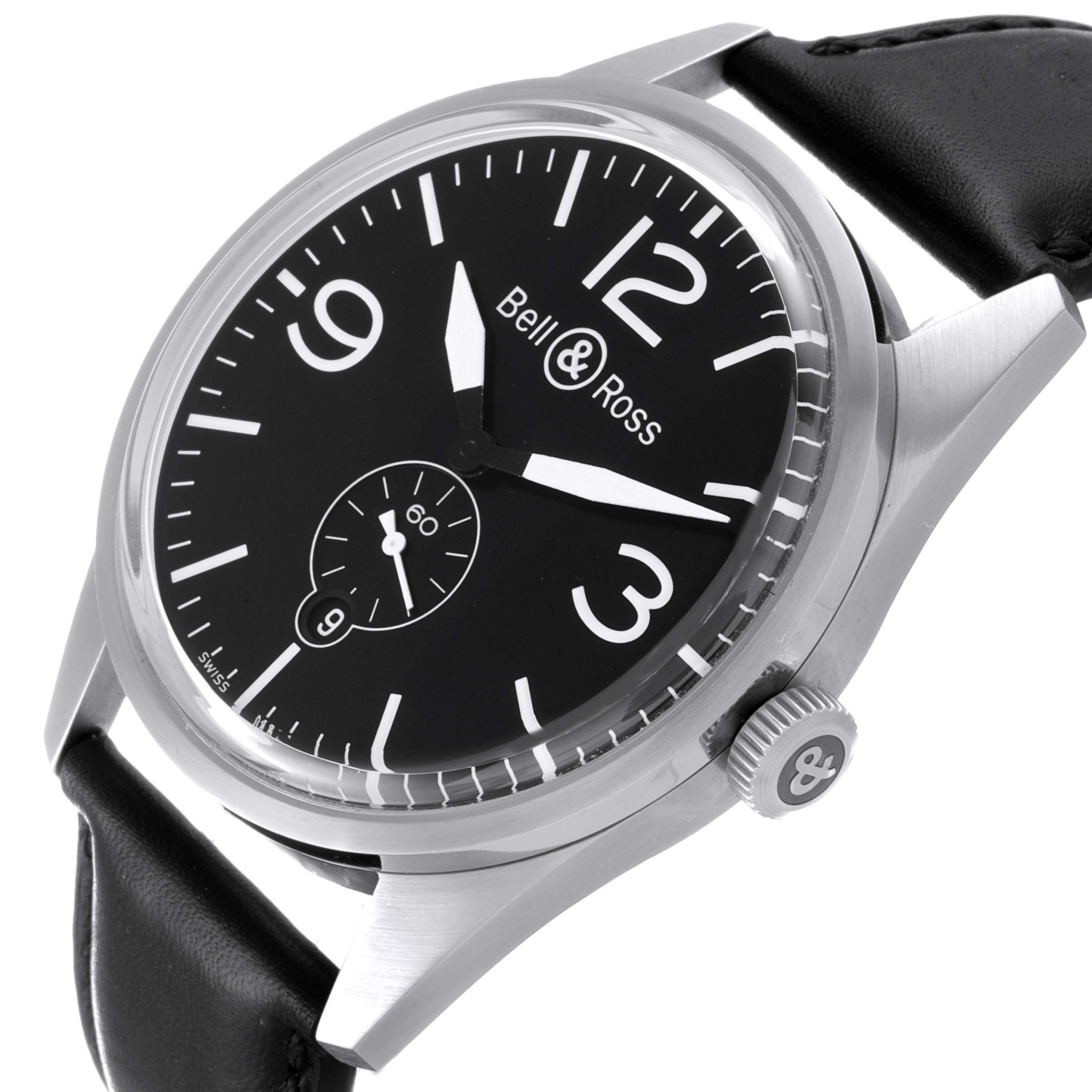 The image shows the face, crown, and part of the strap of the Bell & Ross Vintage model watch from a slightly tilted angle.