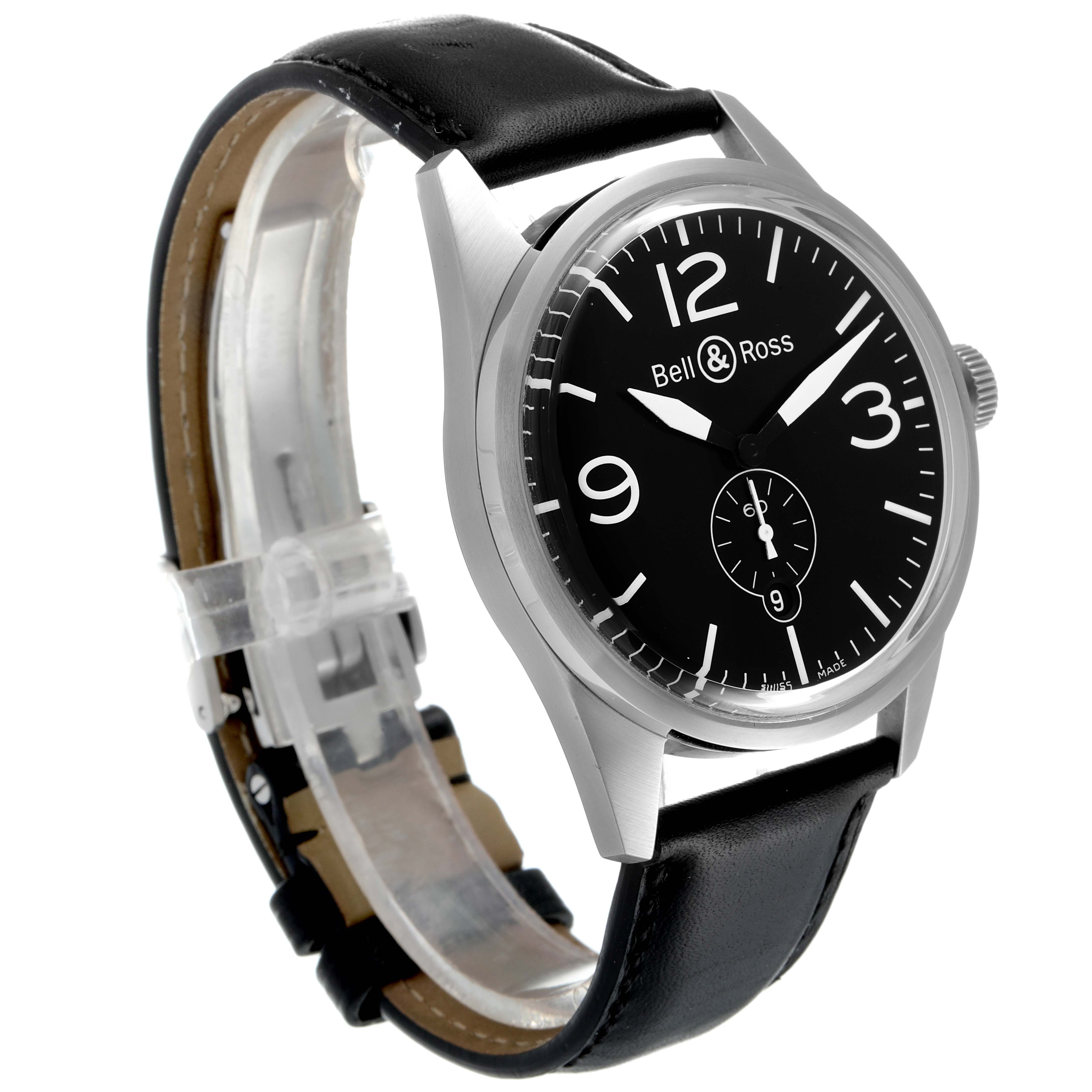 The image shows a Bell & Ross Vintage model watch from a front angle, highlighting the face, hands, and leather strap.