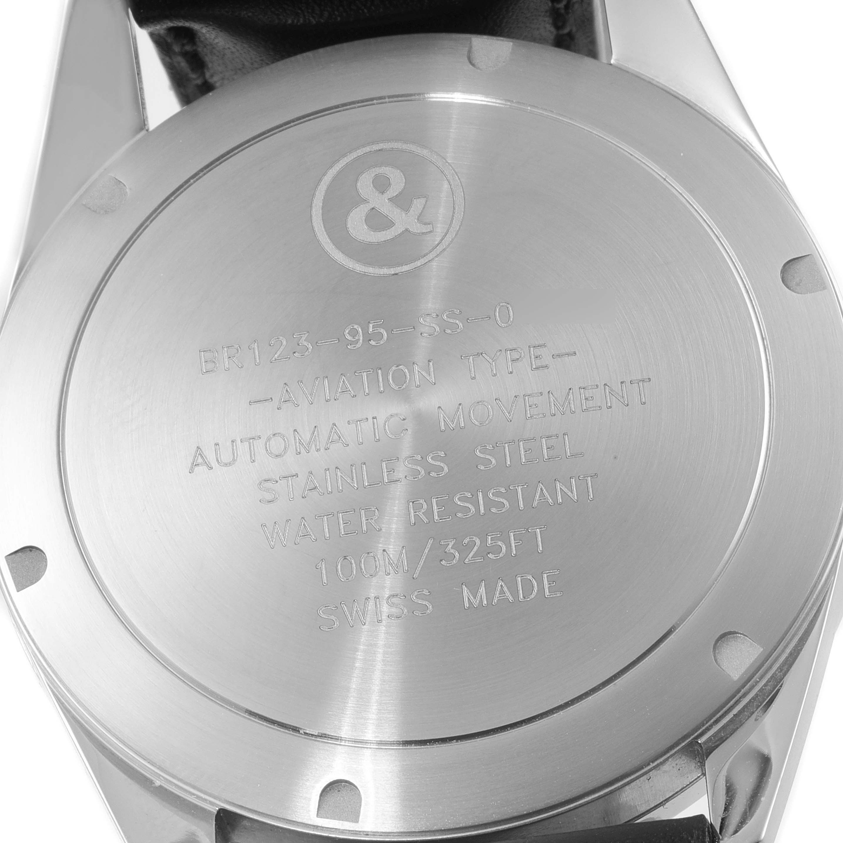 The image shows the back casing of a Vintage model Bell & Ross watch, highlighting its specifications.