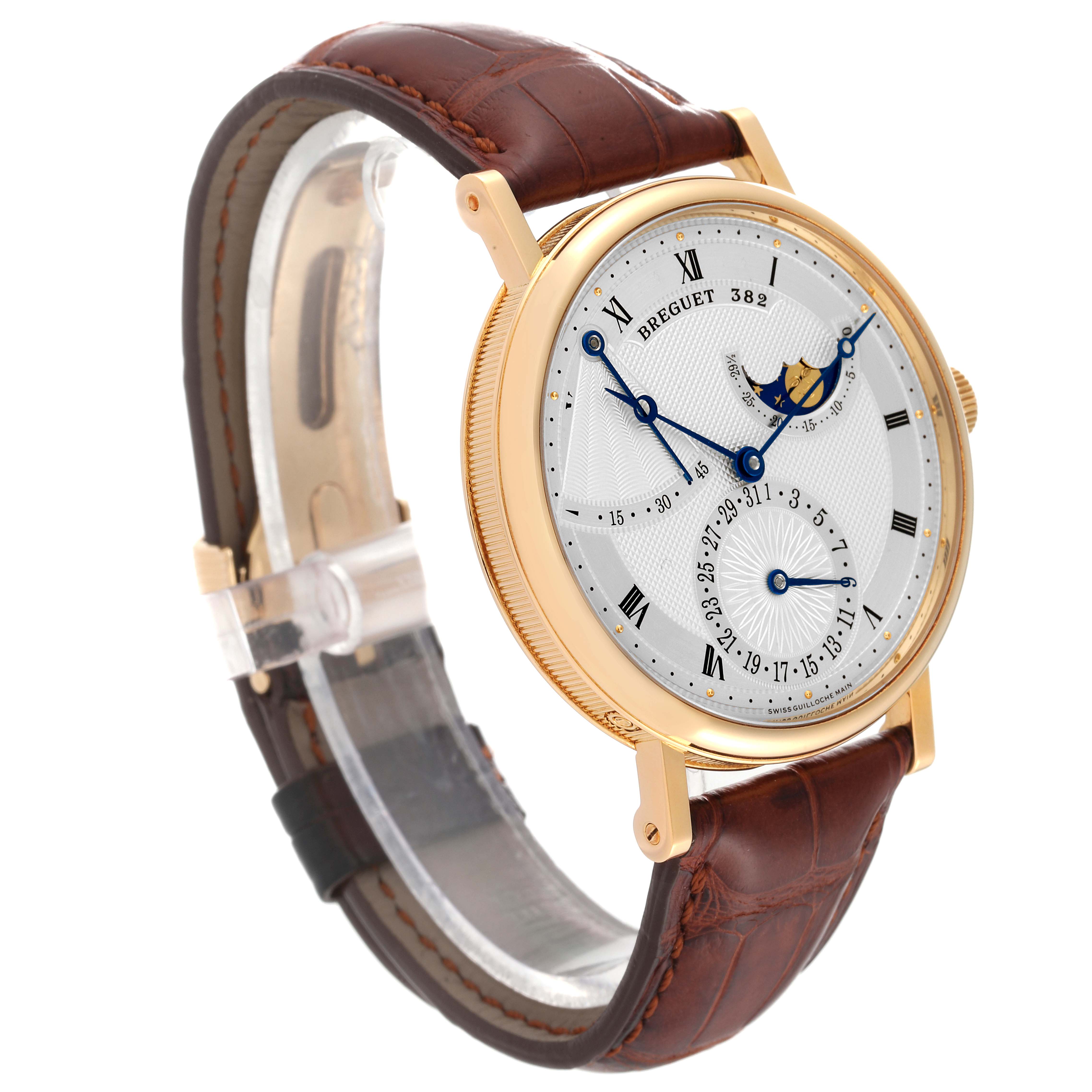 The image shows a side and front view of a Breguet Classique 7137BA/11/9V6 Men
s Yellow Gold Silver Dial 7137BA/11/9V6 Men
s Yellow Gold Silver Dial watch, featuring its dial, case, and leather strap.