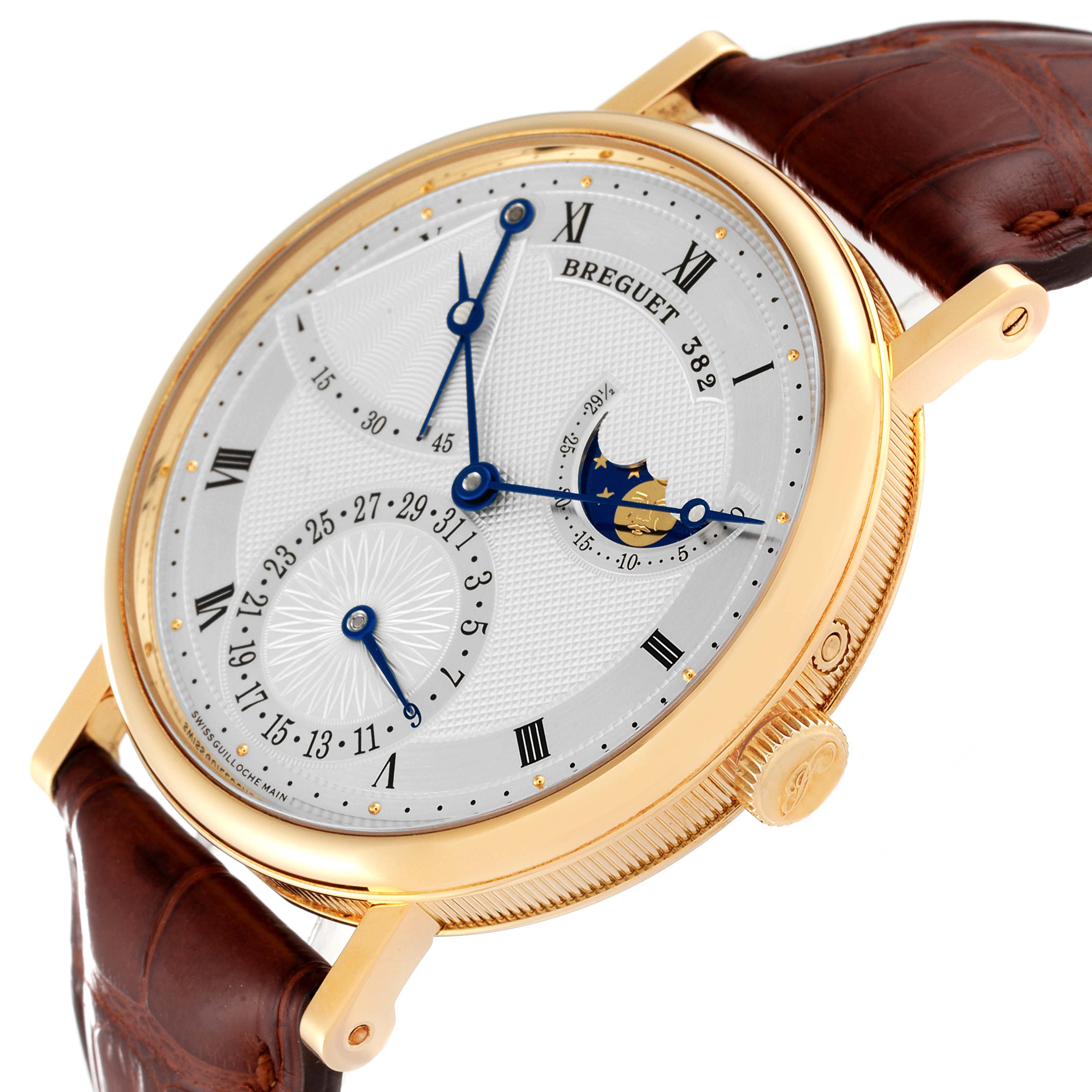 This image shows a Breguet Classique 7137BA/11/9V6 Men
s Yellow Gold Silver Dial 7137BA/11/9V6 Men
s Yellow Gold Silver Dial watch at an angle, highlighting its face, gold case, crown, and brown leather strap.