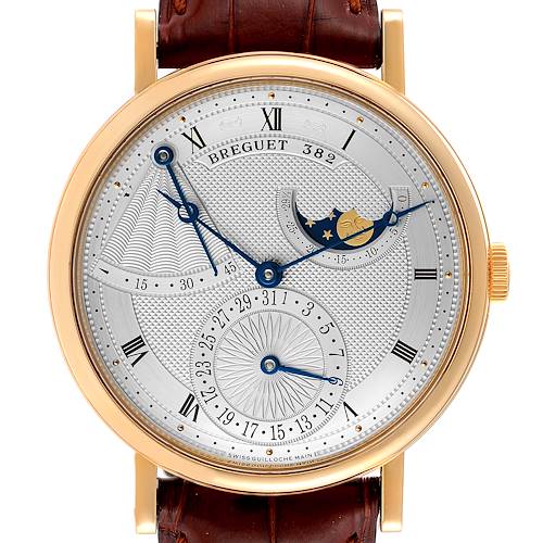 The image shows a front view of the Breguet Classique watch, displaying its dial, hands, moon phase, and leather strap.