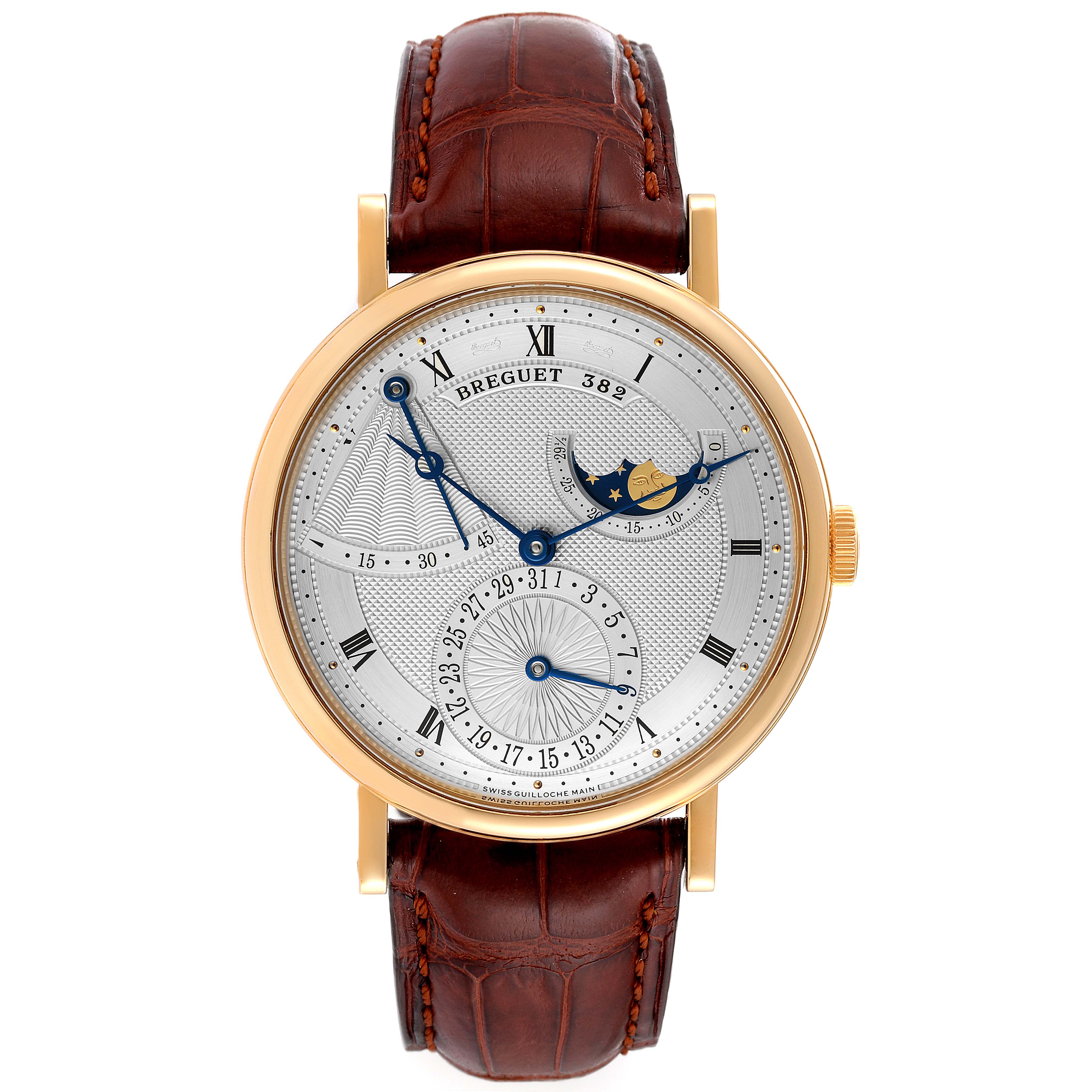 The image shows a front view of the Breguet Classique 7137BA/11/9V6 Men
s Yellow Gold Silver Dial 7137BA/11/9V6 Men
s Yellow Gold Silver Dial watch, highlighting its dial, hands, complications, and brown leather strap.