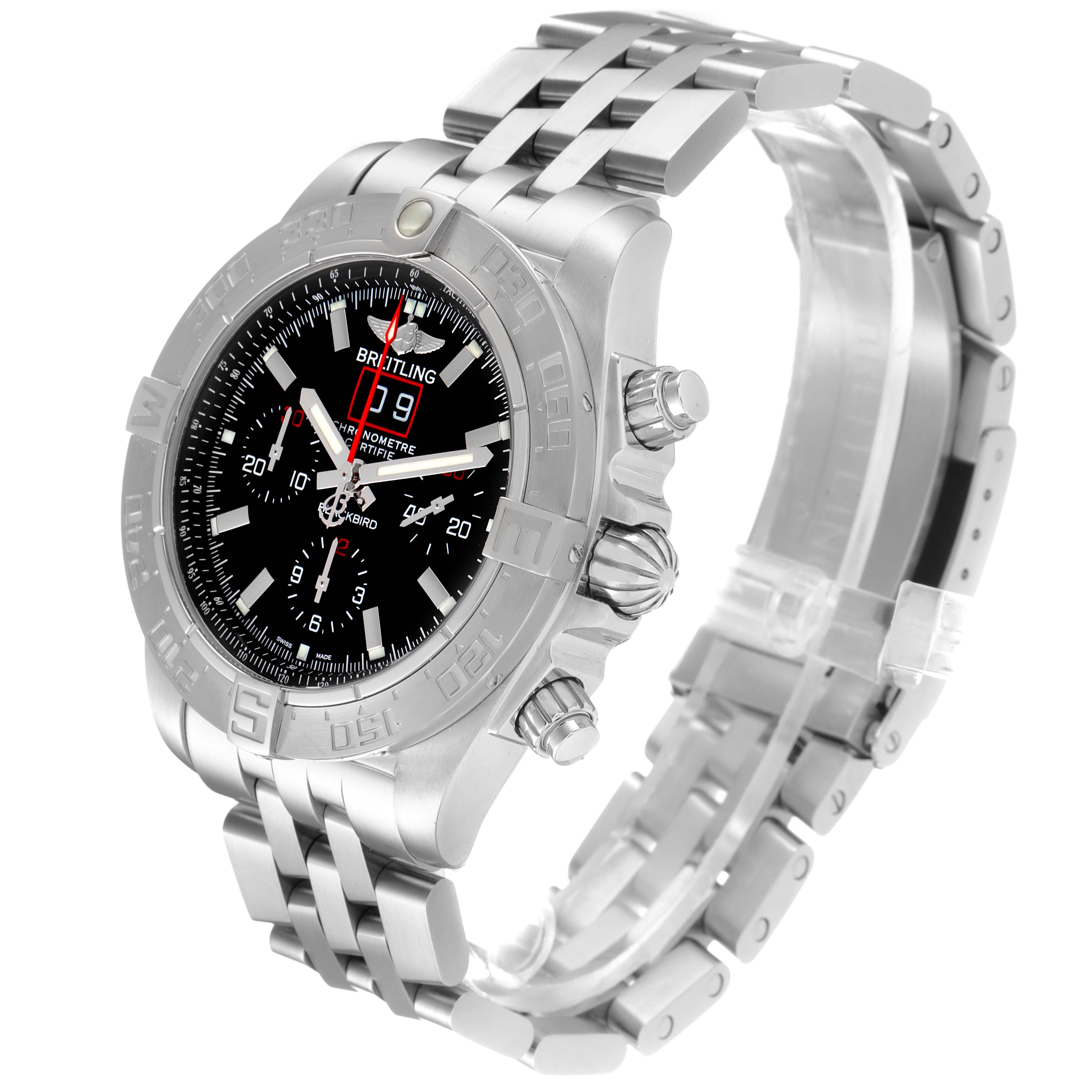 This Breitling Chronomat A44360 Men
s Stainless Steel Black Dial A44360 Men
s Stainless Steel Black Dial watch is shown from a top-side angle, displaying the dial, bezel, and stainless steel bracelet.