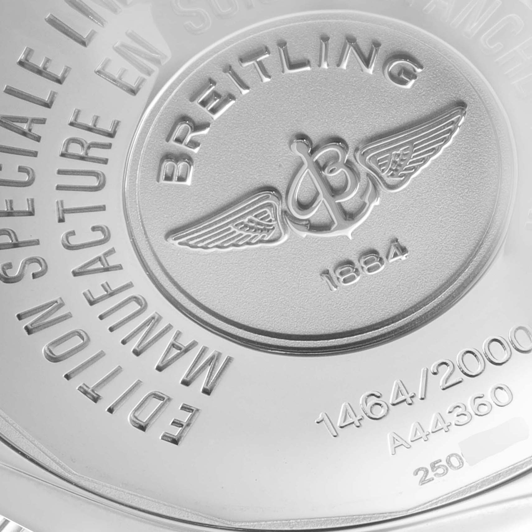 This image shows the engraved case back of a Breitling Chronomat A44360 Men
s Stainless Steel Black Dial A44360 Men
s Stainless Steel Black Dial watch, featuring branding and serial number details.