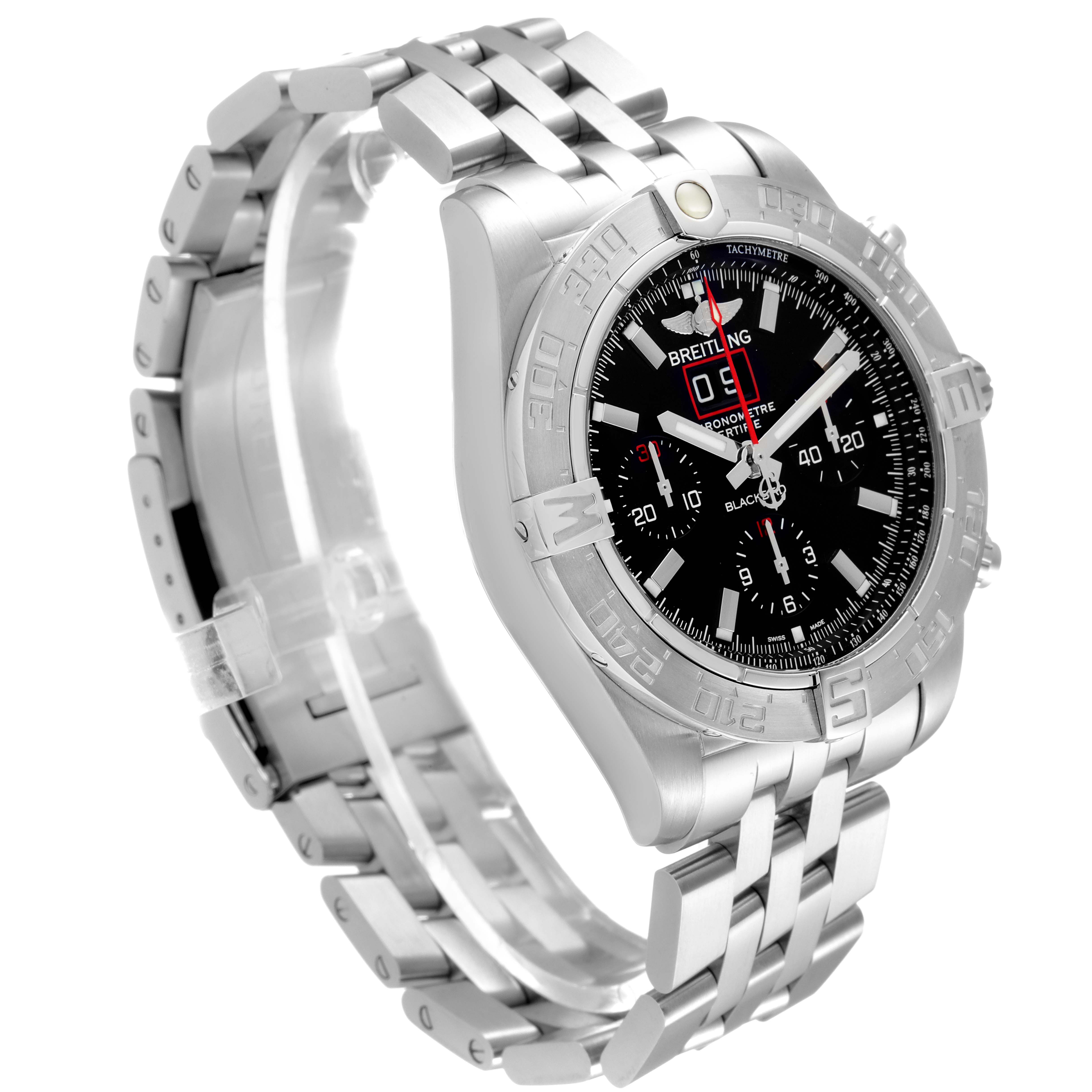 The image shows a Breitling Chronomat A44360 Men
s Stainless Steel Black Dial A44360 Men
s Stainless Steel Black Dial watch at a three-quarter angle, highlighting the face, bezel, and metal bracelet.