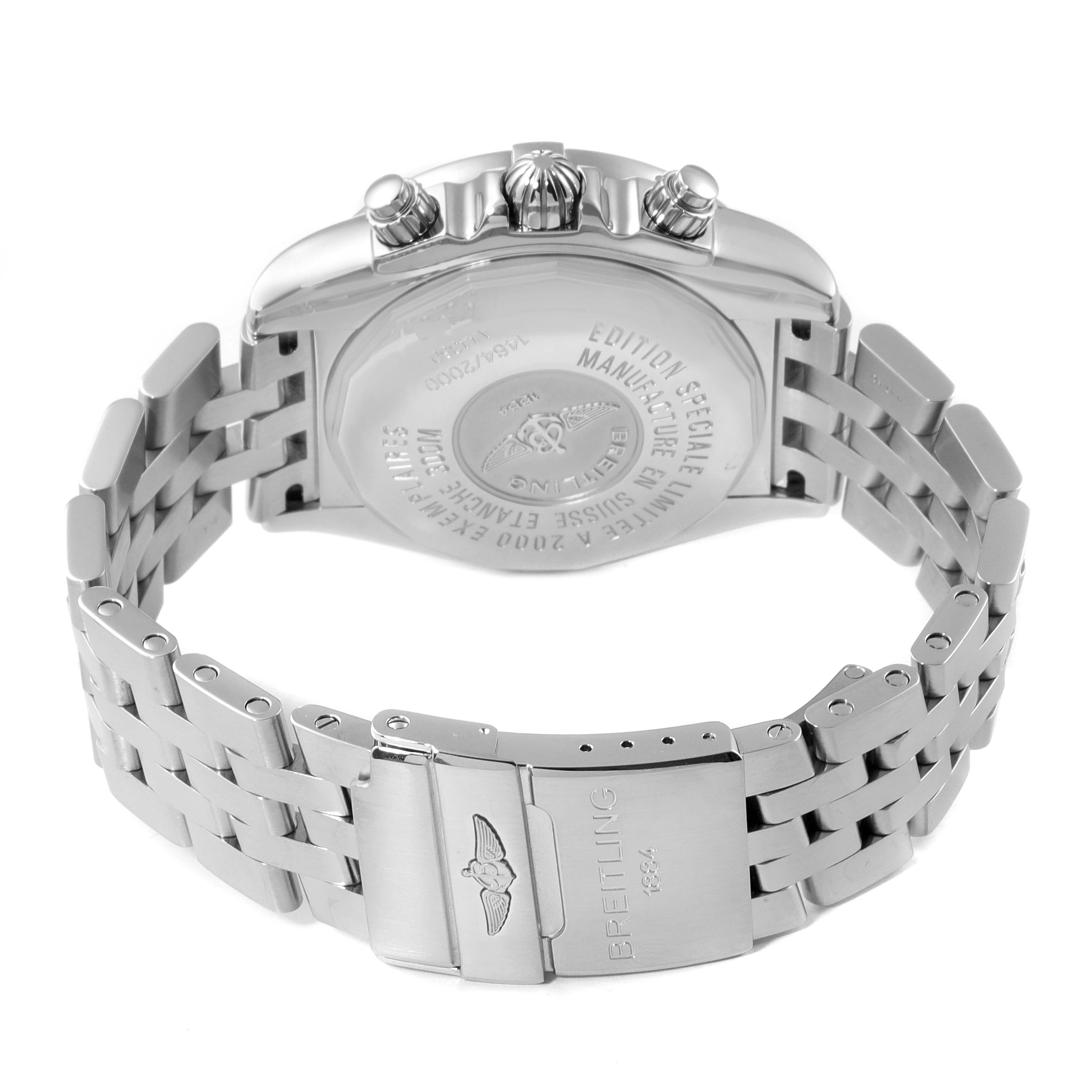 The image shows the back and clasp of a Breitling Chronomat A44360 Men
s Stainless Steel Black Dial A44360 Men
s Stainless Steel Black Dial watch from a rear angle.