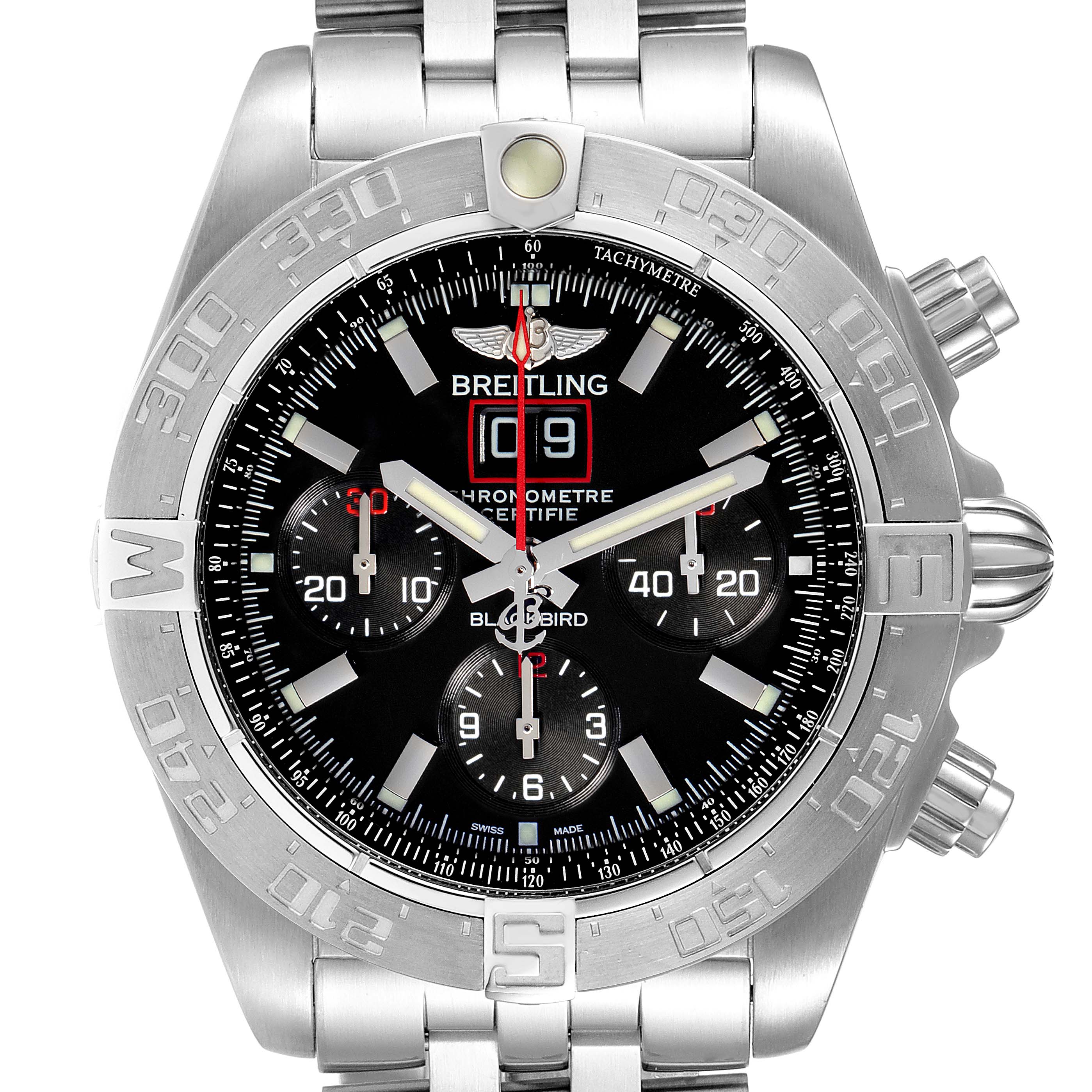 The image shows a front view of the Breitling Chronomat A44360 Men
s Stainless Steel Black Dial A44360 Men
s Stainless Steel Black Dial watch, highlighting its dial, bezel, pushers, and part of the bracelet.