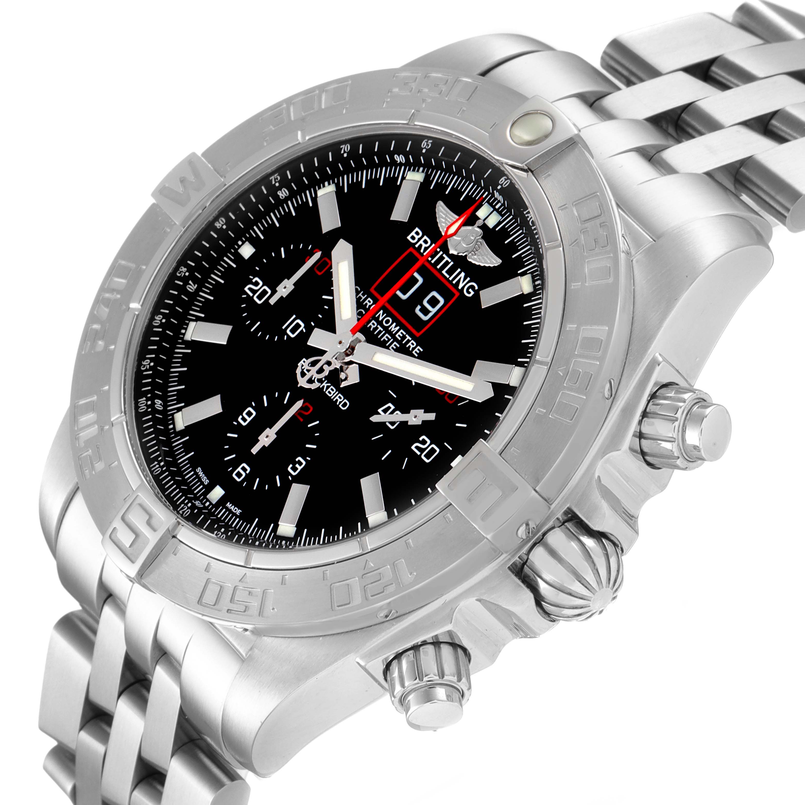 The image shows a Breitling Chronomat A44360 Men
s Stainless Steel Black Dial A44360 Men
s Stainless Steel Black Dial watch at an angled up-close view, focusing on the dial, bezel, crown, pushers, and part of the bracelet.