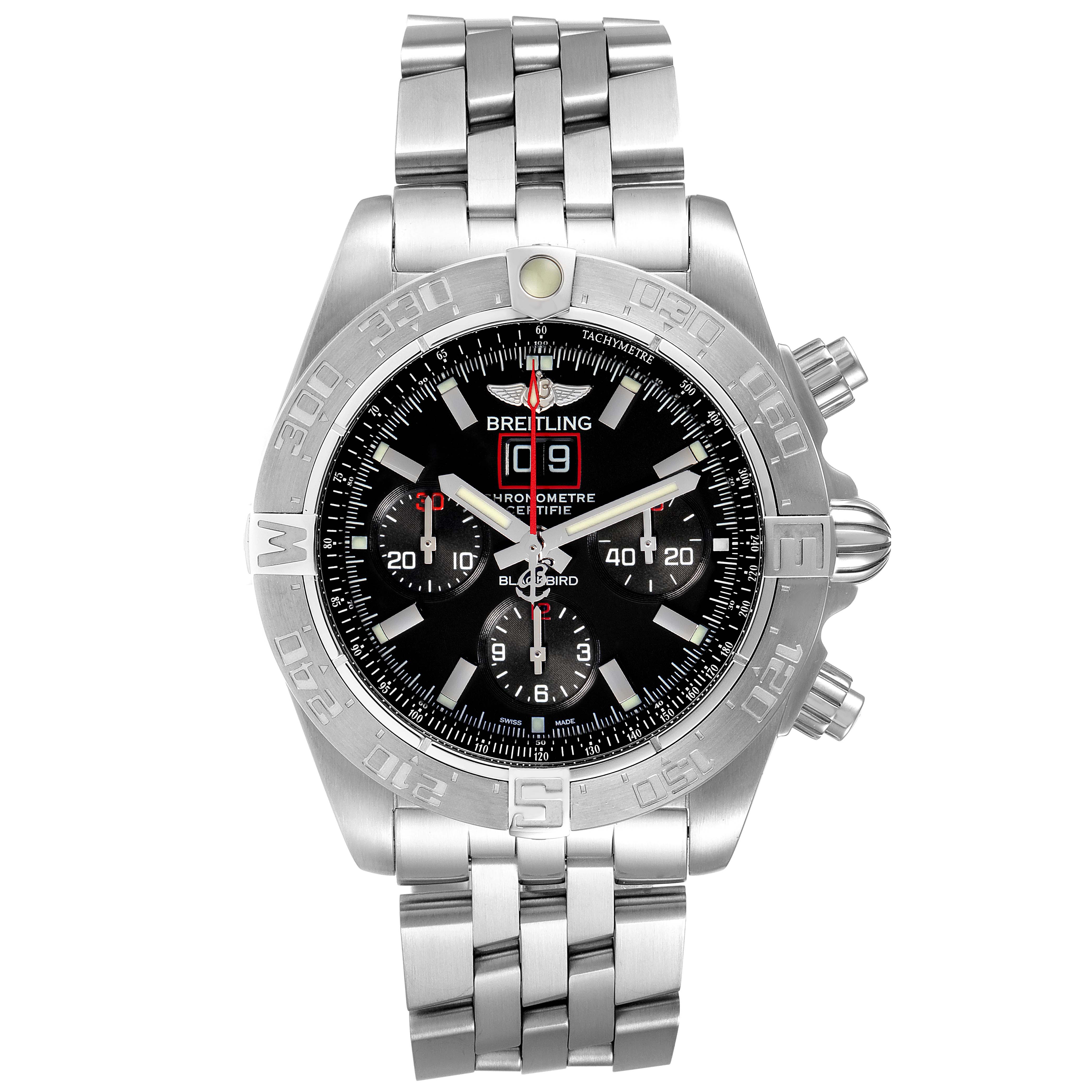 The Breitling Chronomat A44360 Men
s Stainless Steel Black Dial A44360 Men
s Stainless Steel Black Dial watch is shown from a front angle, highlighting the dial, bezel, and bracelet.