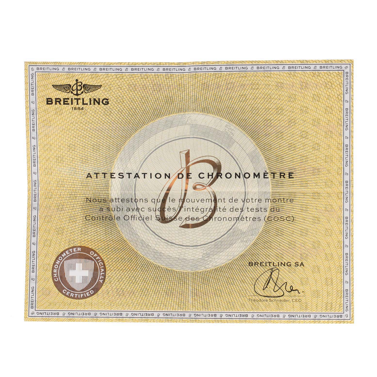 This image shows a chronometer certificate for a Breitling Chronomat A44360 Men
s Stainless Steel Black Dial A44360 Men
s Stainless Steel Black Dial watch.