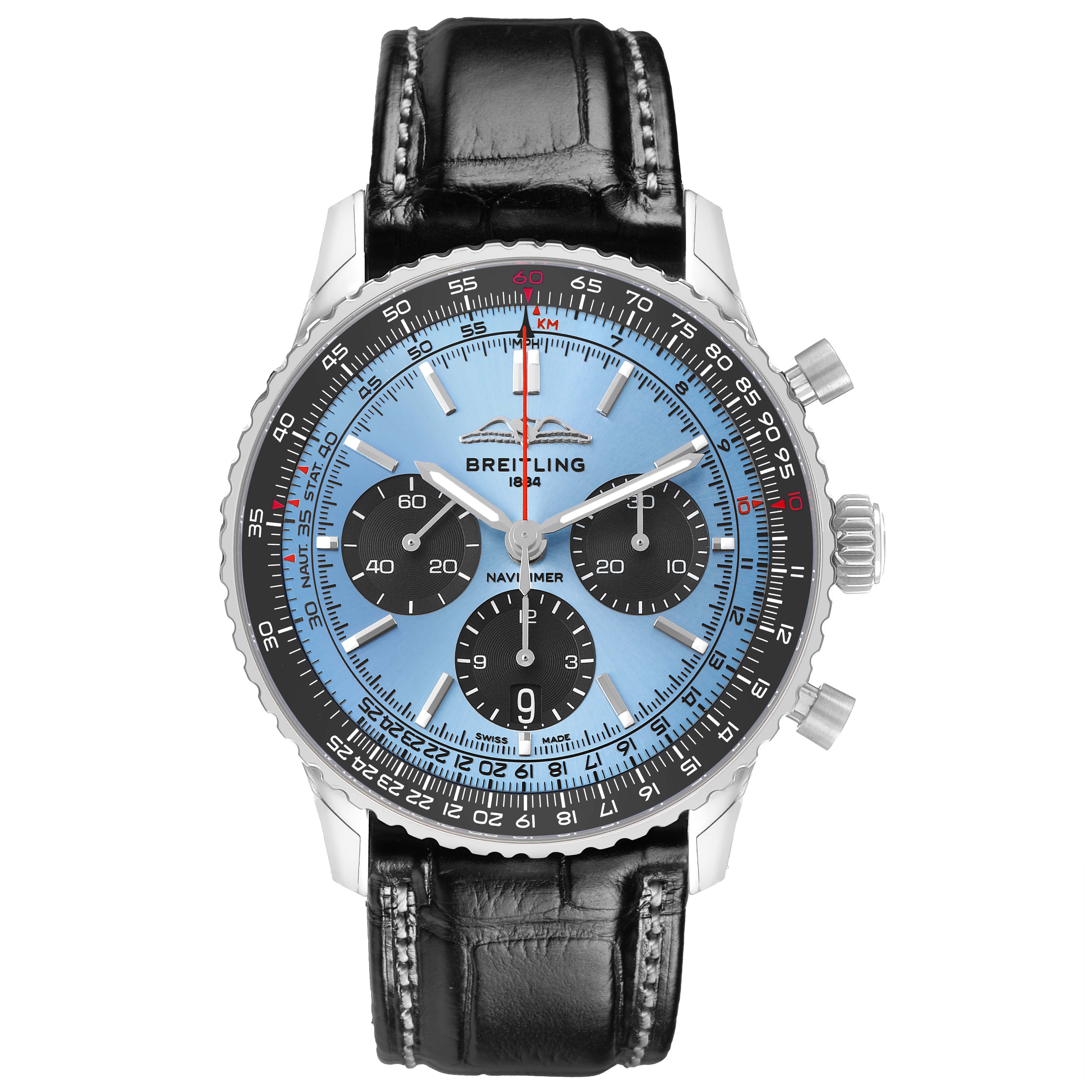 The Breitling Navitimer AB0138 Men's Stainless Steel Blue Dial watch is shown from the front, highlighting its dial, subdials, bezel, and leather strap.