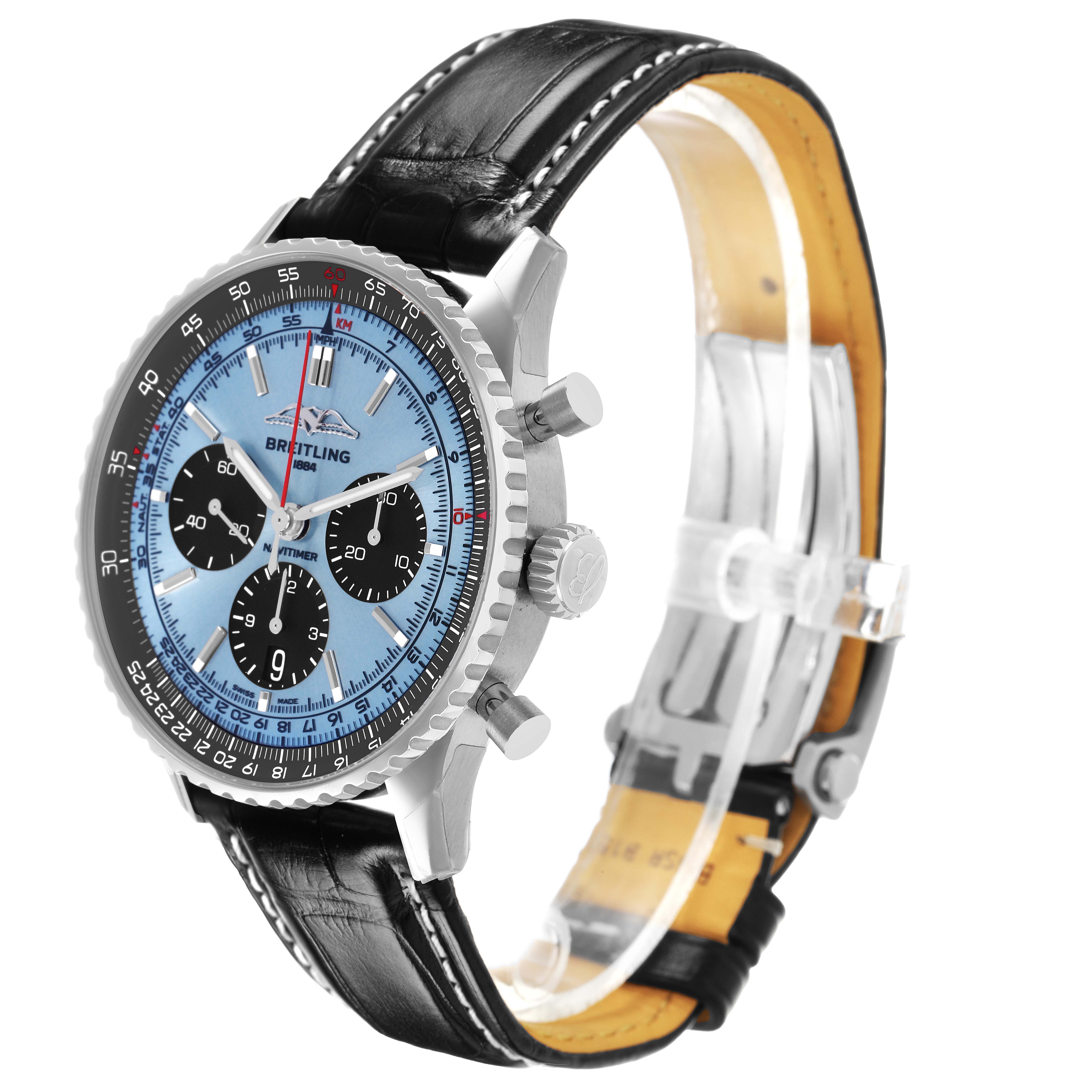 The Breitling Navitimer AB0138 Men's Stainless Steel Blue Dial watch is shown at a three-quarter angle, displaying the face, bezel, strap, and side pushers.