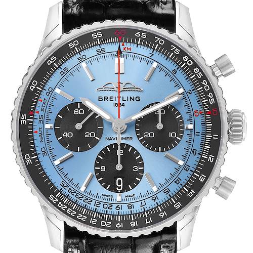 The Breitling Navitimer AB0138 Men's Stainless Steel Blue Dial watch is shown from the front, displaying its dial, bezel, subdials, pushers, and crown.