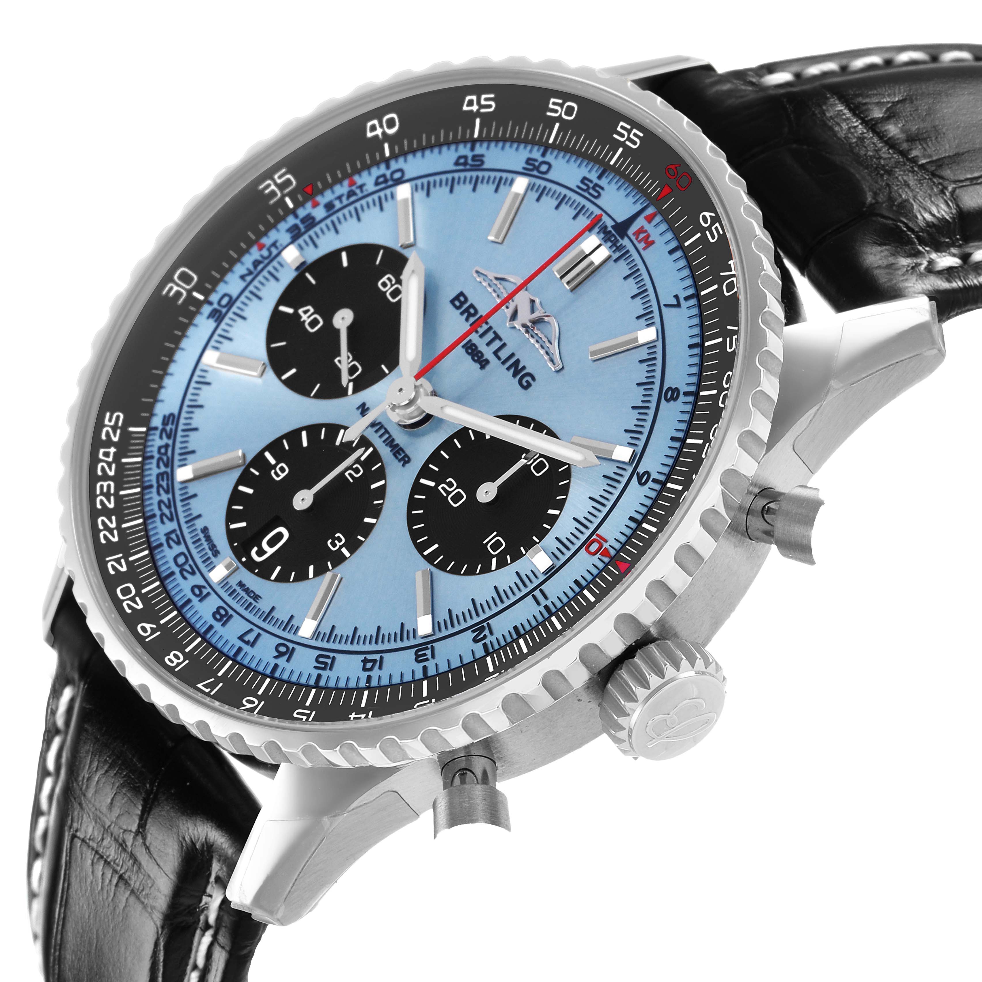 This Breitling Navitimer AB0138 Men's Stainless Steel Blue Dial watch is shown at an angle highlighting the face, crown, pushers, and leather strap.