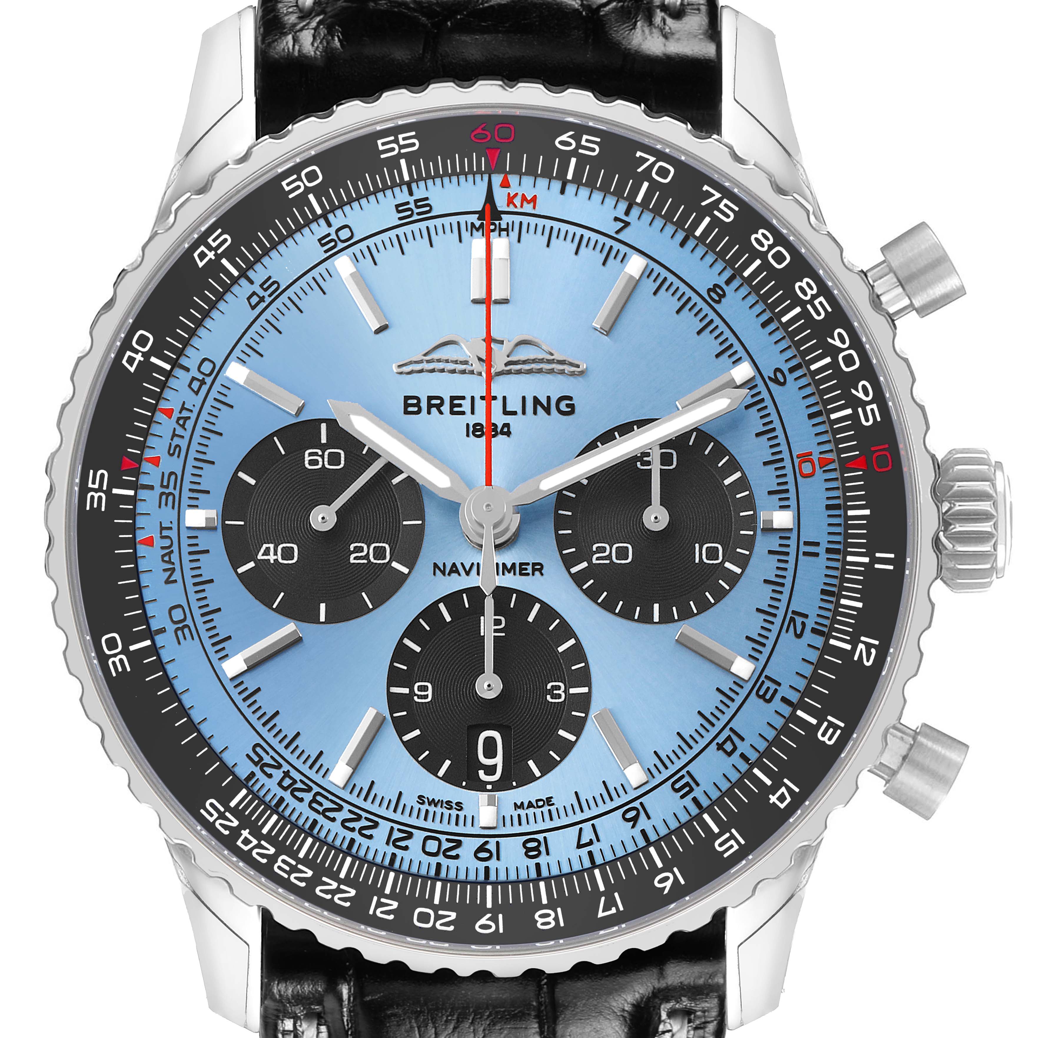 The Breitling Navitimer AB0138 Men's Stainless Steel Blue Dial watch is shown from a front angle, highlighting its dial, three subdials, and bezel.