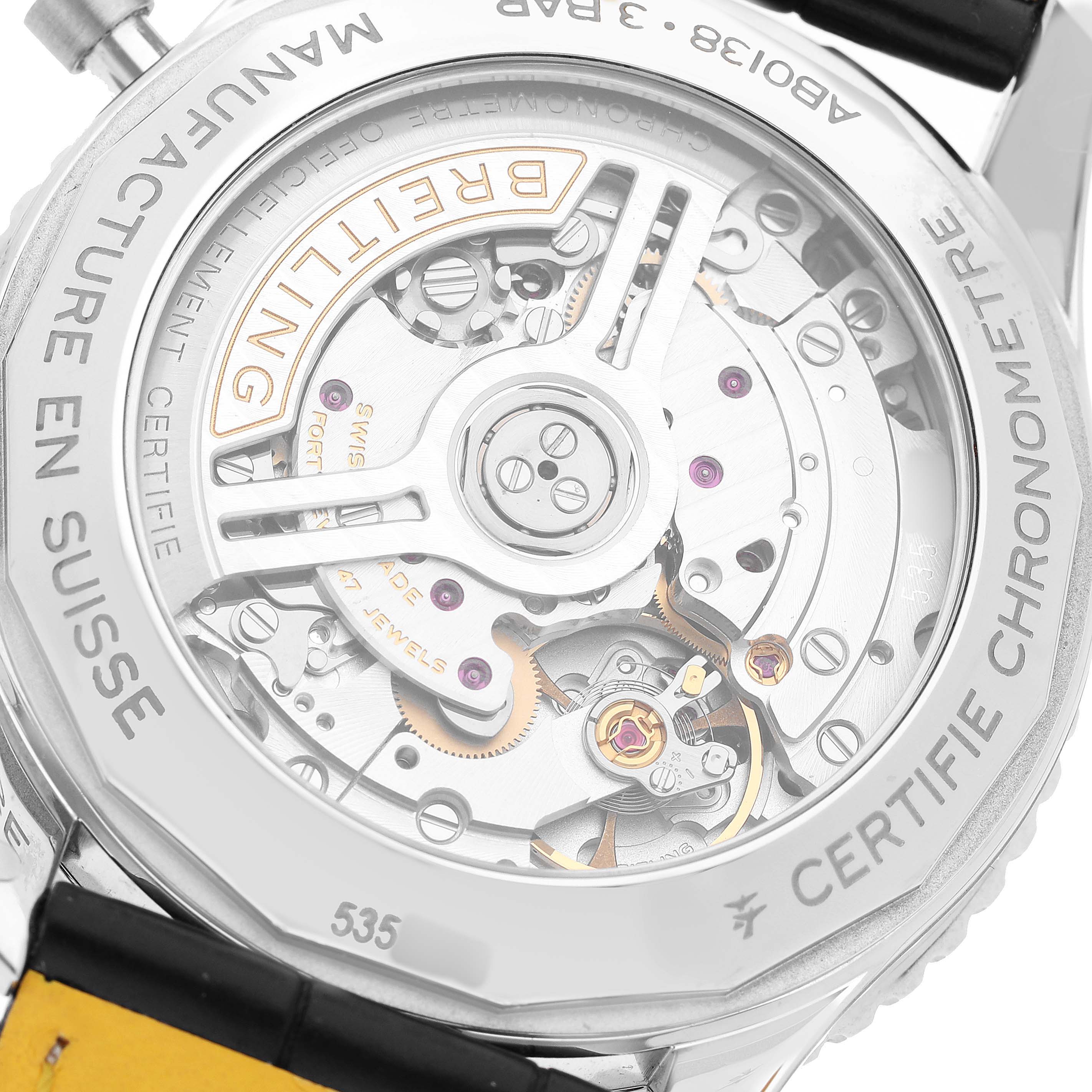 The image shows the back view of a Breitling Navitimer AB0138 Men's Stainless Steel Blue Dial, revealing its intricate mechanical movement.
