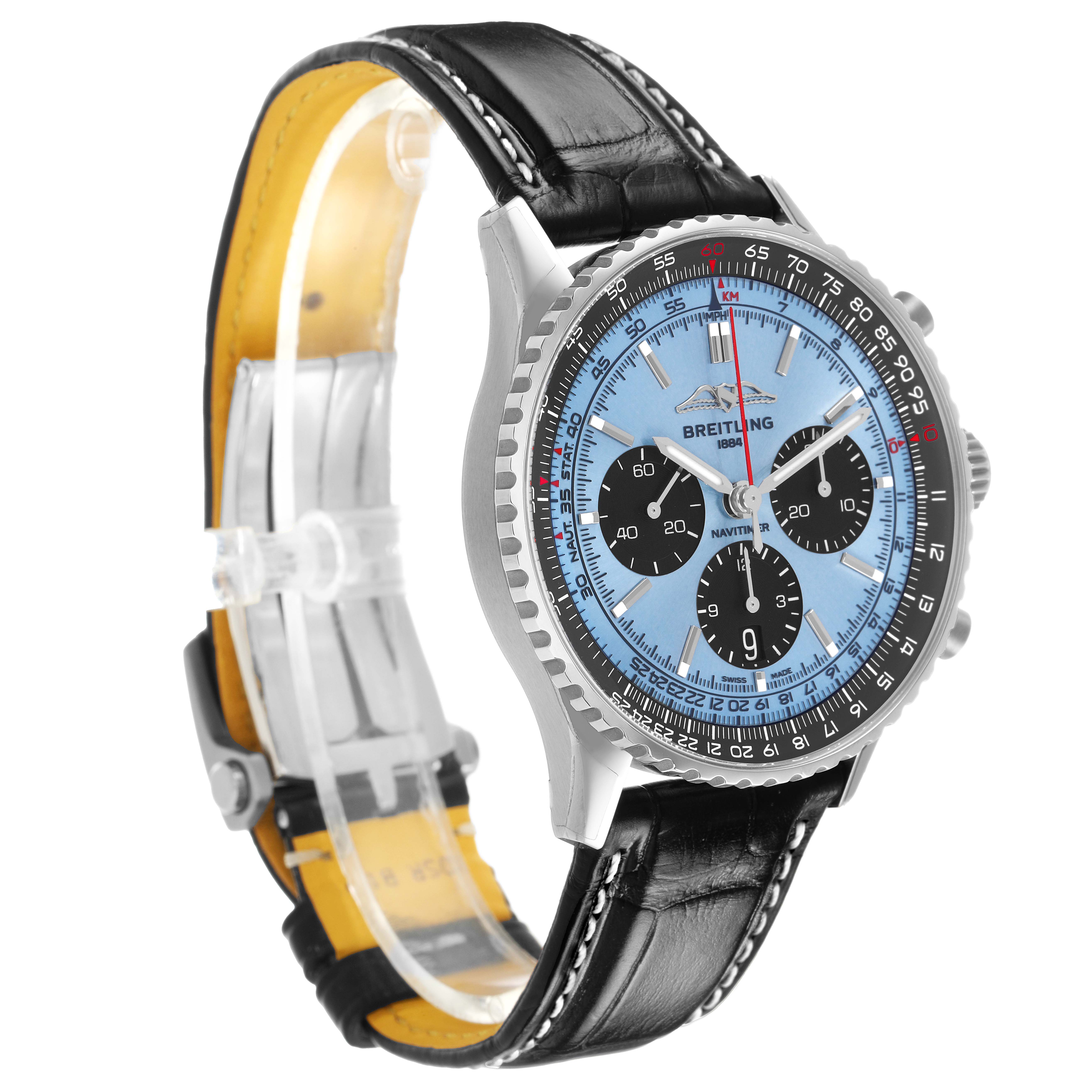 The Breitling Navitimer AB0138 Men's Stainless Steel Blue Dial watch is shown at a slight angle, highlighting the face, bezel, and leather strap.