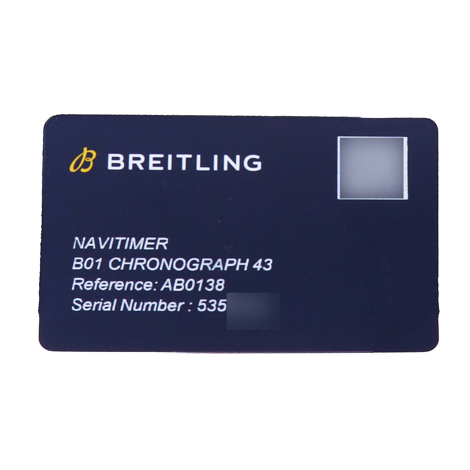 The image shows a warranty card for a Breitling Navitimer AB0138 Men's Stainless Steel Blue Dial B01 Chronograph 43, displaying model and serial numbers.