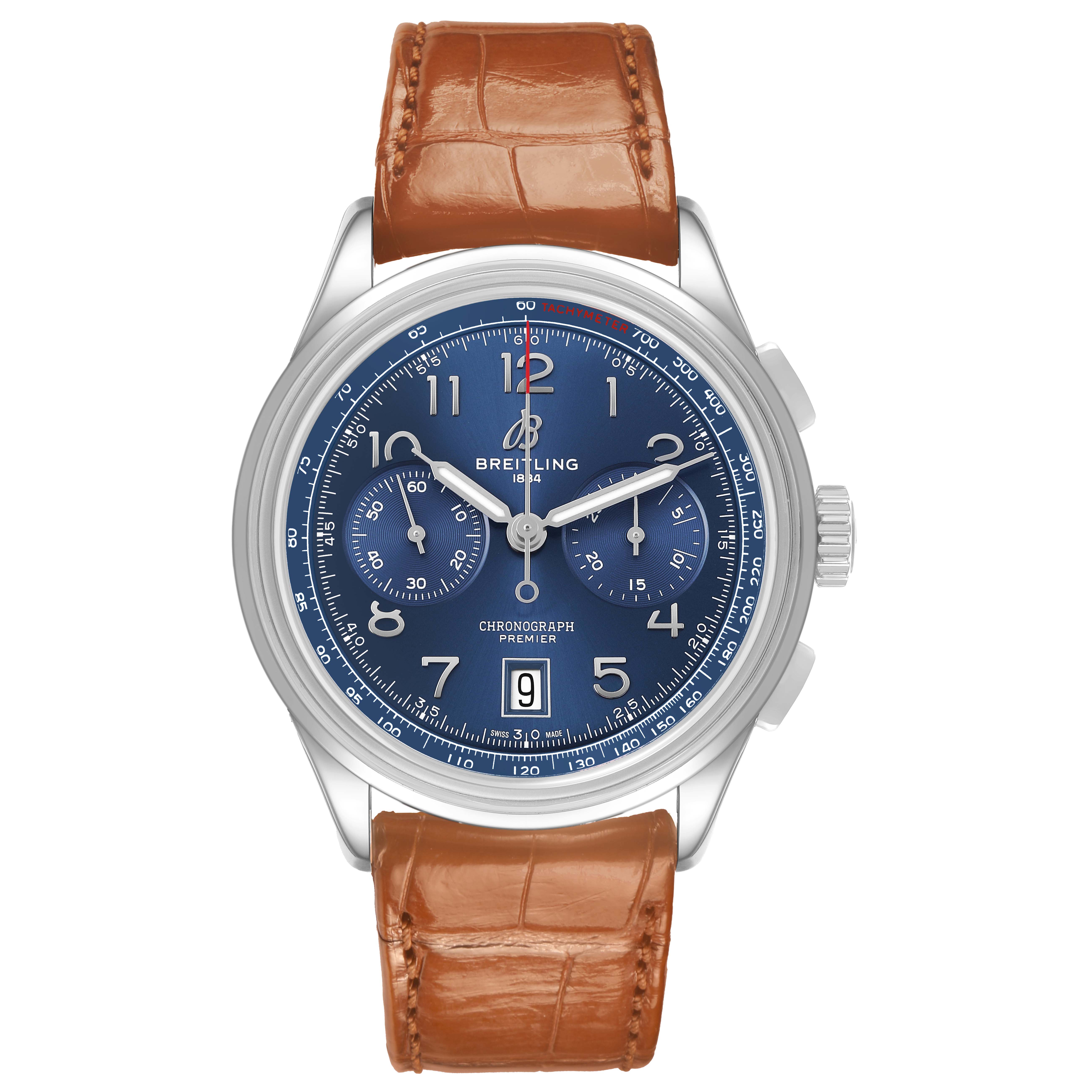 The Breitling Premier AB0145 Men's Stainless Steel Blue Dial watch is shown from the front, displaying its face, bezel, and leather strap.