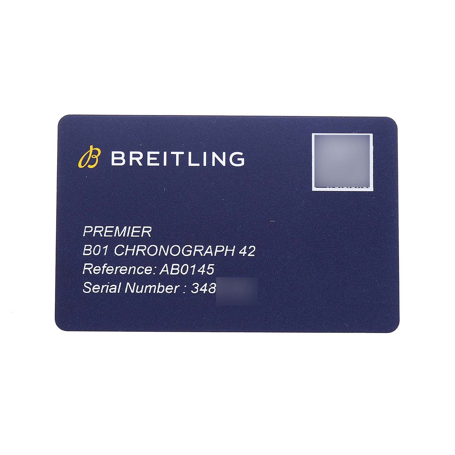The image shows a Breitling Premier AB0145 Men's Stainless Steel Blue Dial B01 Chronograph 42 reference card with model and serial numbers.