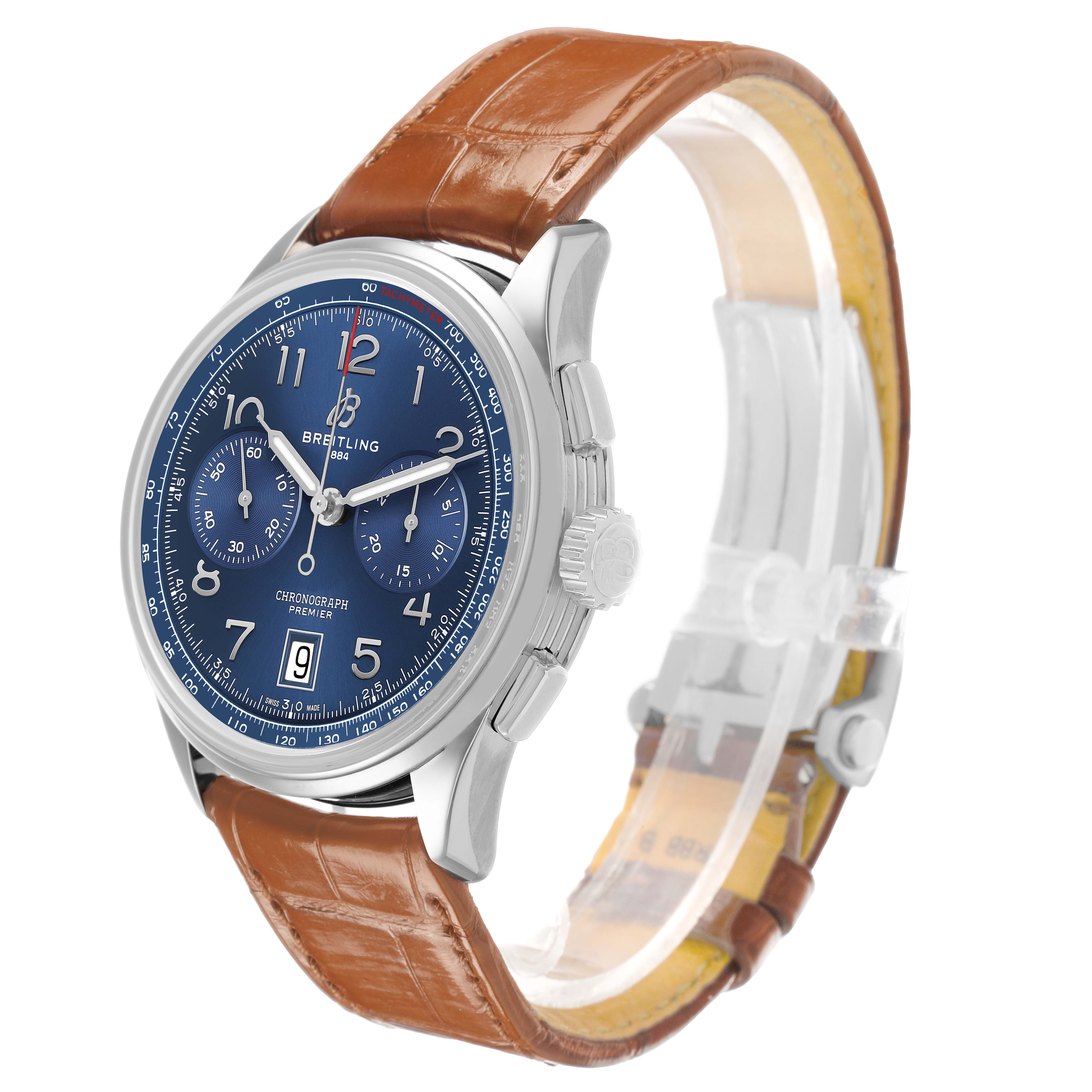 The Breitling Premier AB0145 Men's Stainless Steel Blue Dial watch is shown at a slight angle, featuring its blue dial, chronograph sub-dials, and brown leather strap.