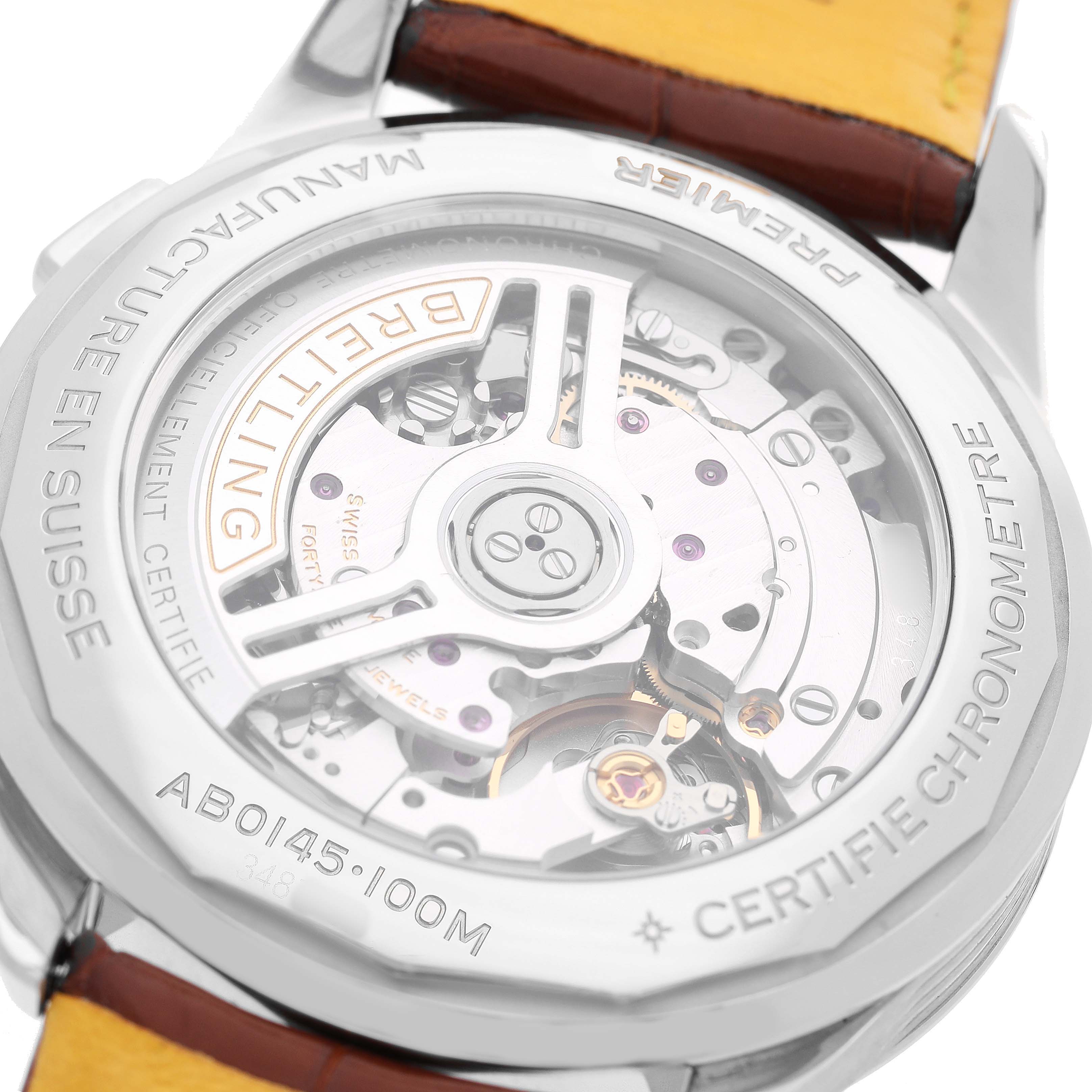 The image shows the back of the Breitling Premier AB0145 Men's Stainless Steel Blue Dial watch, highlighting the movement and rotor through a transparent case back.