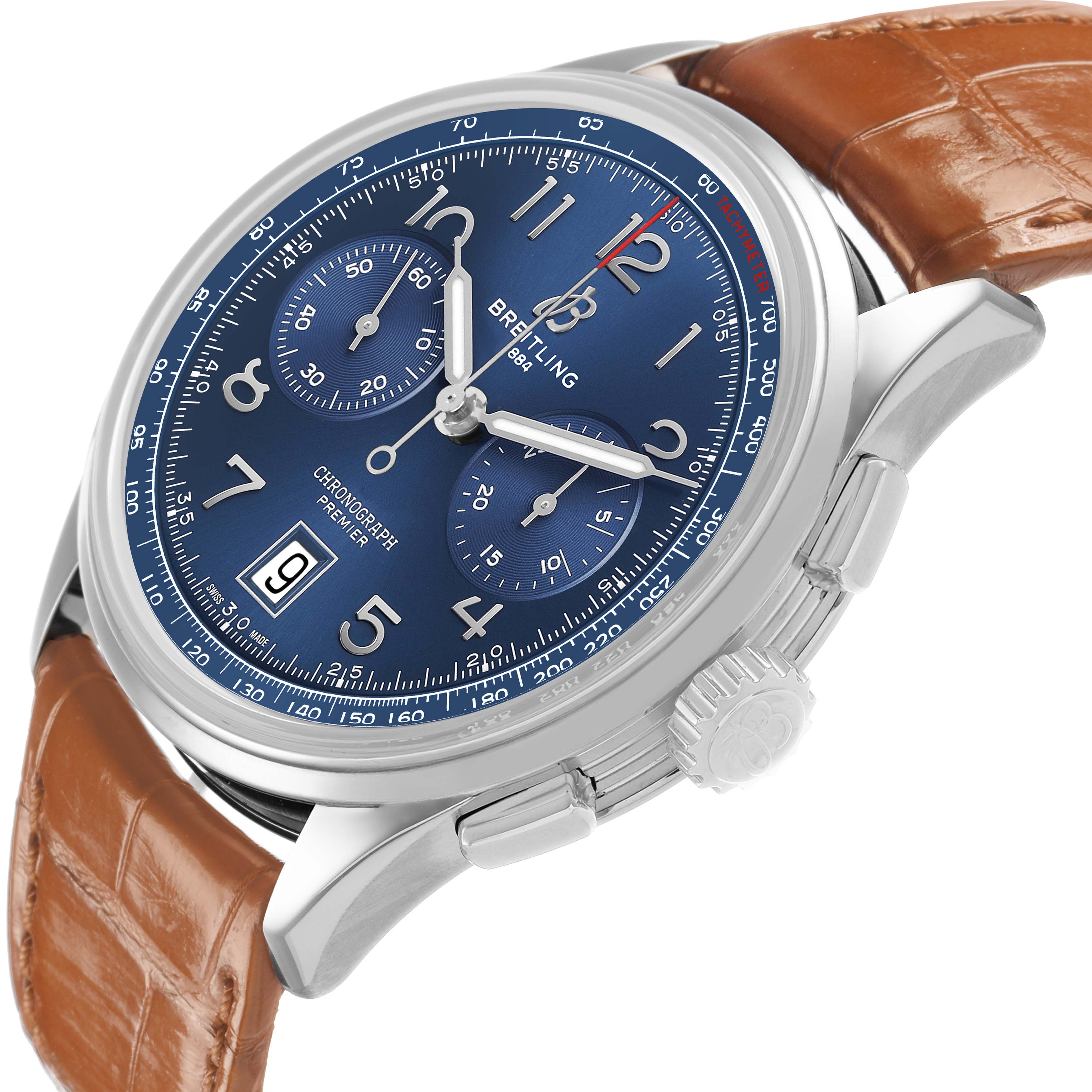 The Breitling Premier AB0145 Men's Stainless Steel Blue Dial watch is shown at a slight angle, displaying the face, bezel, crown, and brown leather strap.