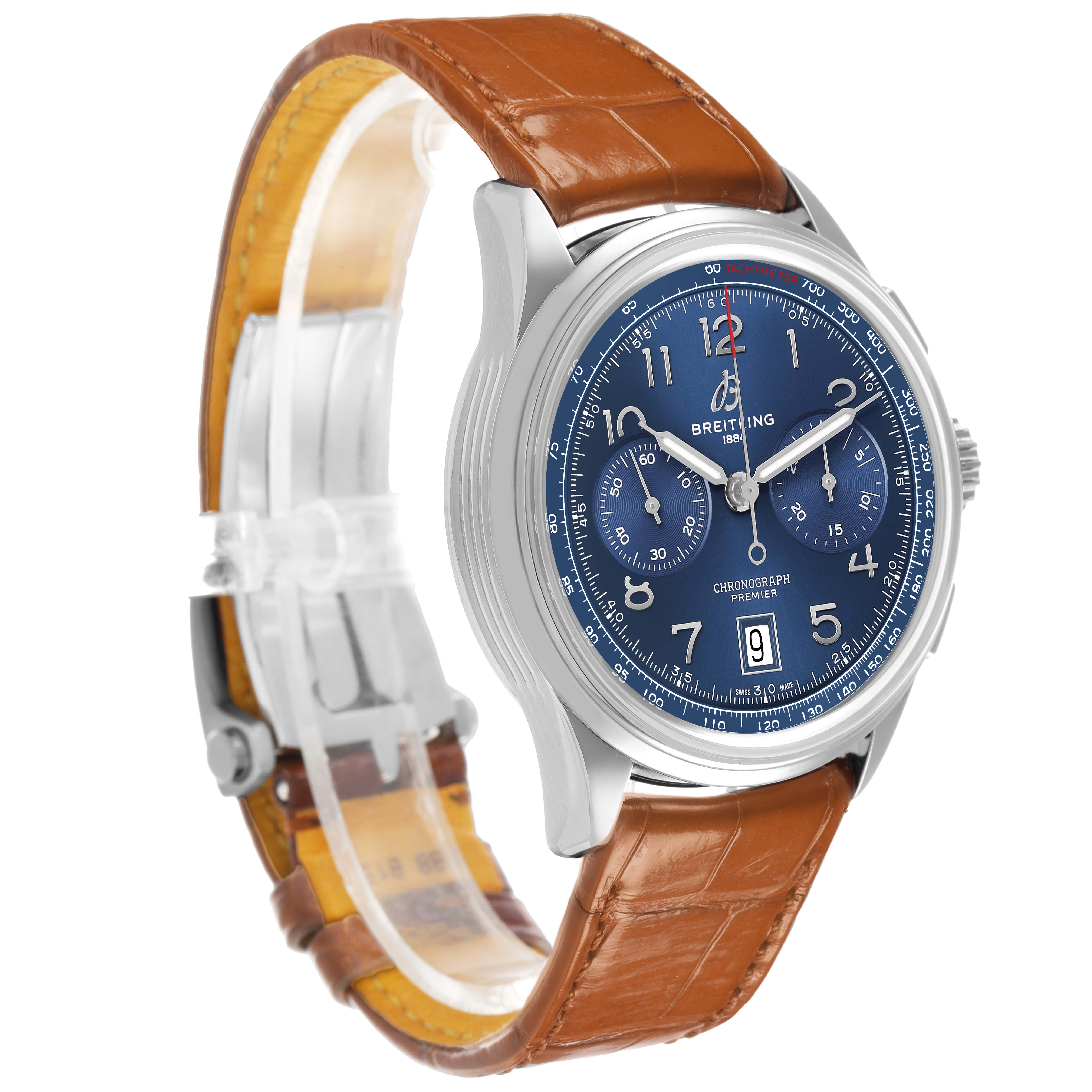 The Breitling Premier AB0145 Men's Stainless Steel Blue Dial watch is shown at a slight angle, highlighting the blue dial, chronograph subdials, and brown leather strap.