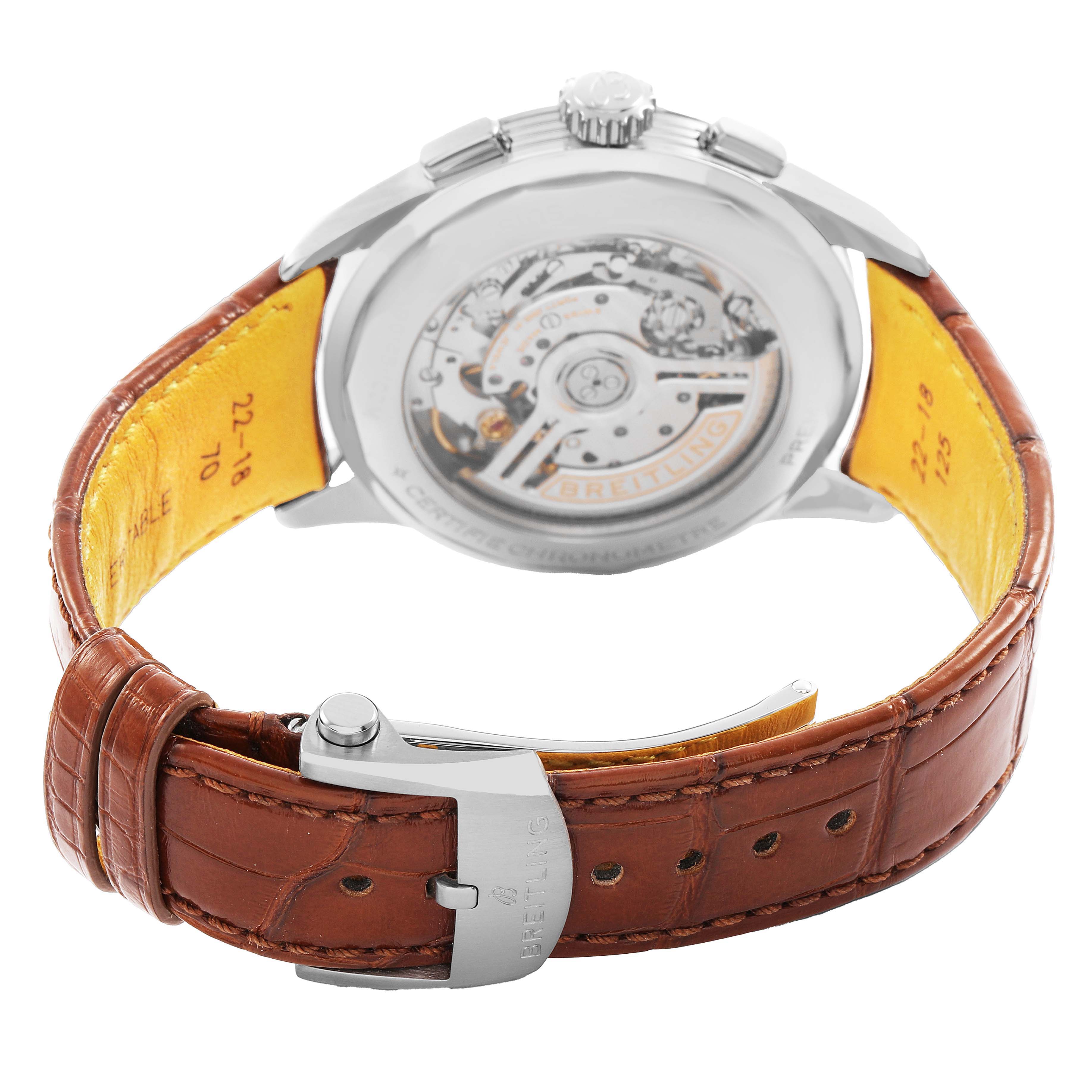 The Breitling Premier AB0145 Men's Stainless Steel Blue Dial watch is shown from the back, displaying its movement and an open brown leather strap.