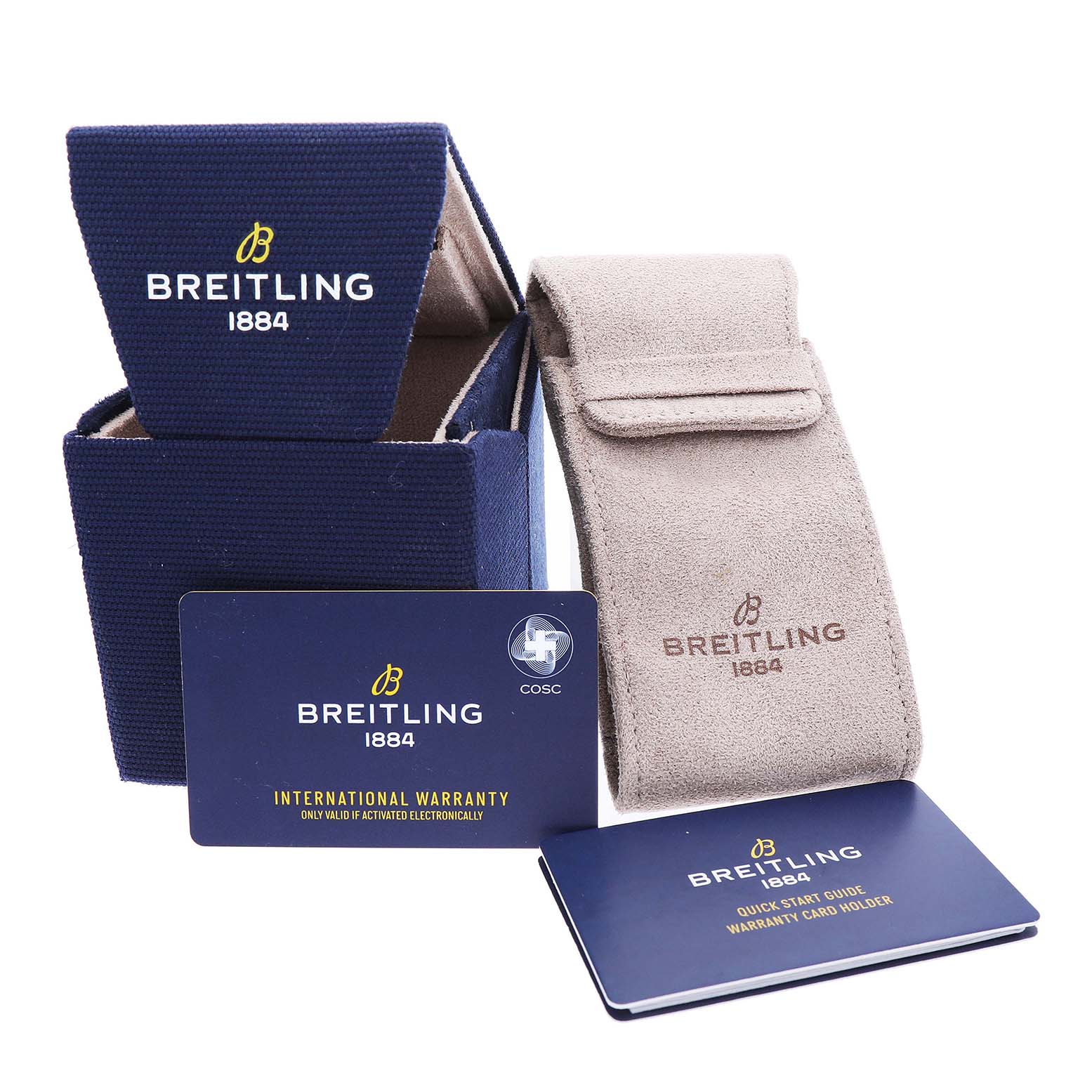 The image shows the packaging and warranty cards for a Breitling Premier AB0145 Men's Stainless Steel Blue Dial watch.