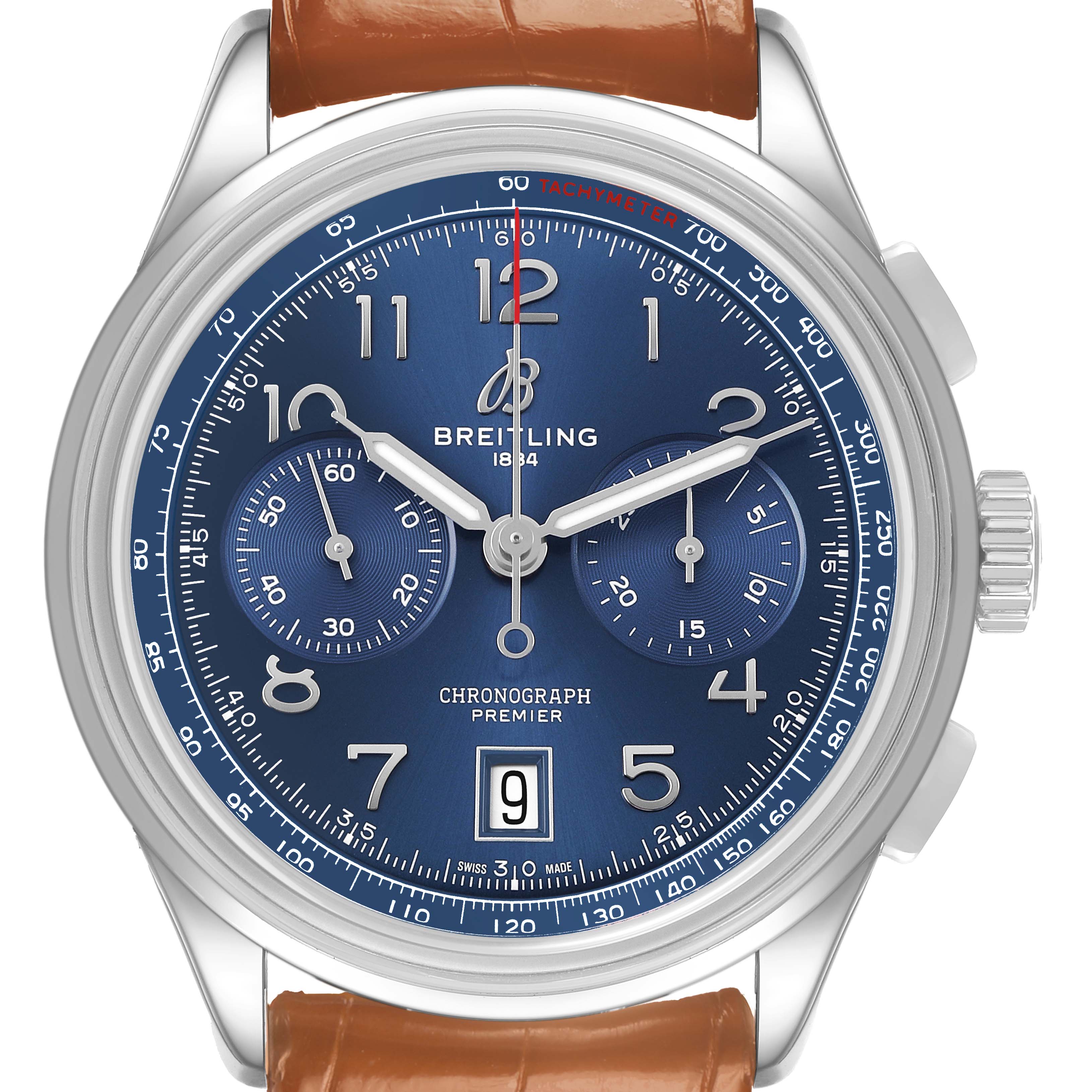 The Breitling Premier AB0145 Men's Stainless Steel Blue Dial watch is shown from the front, displaying its blue dial, chronograph subdials, and brown leather strap.